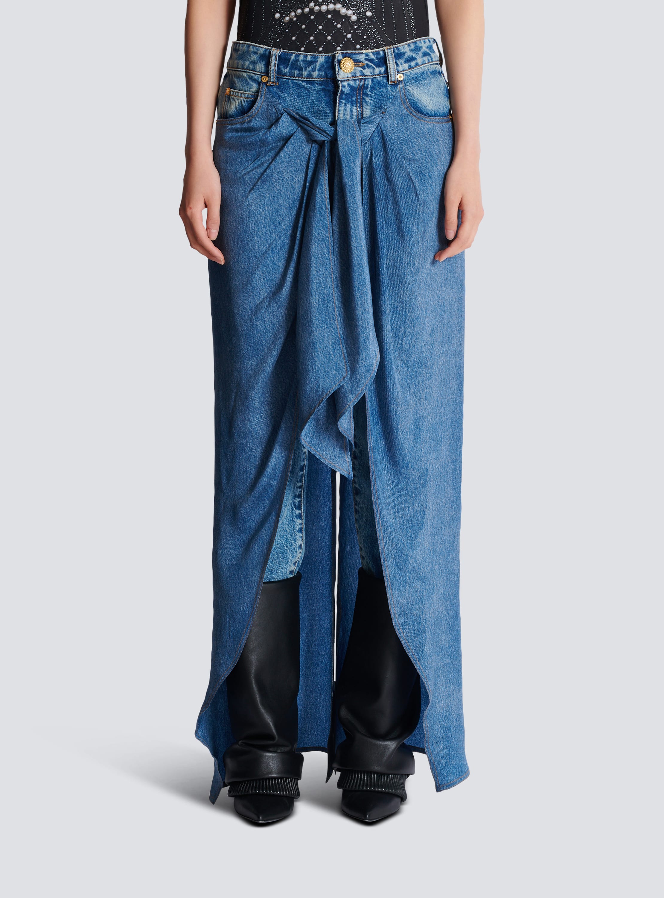 Denim jeans with draped skirt