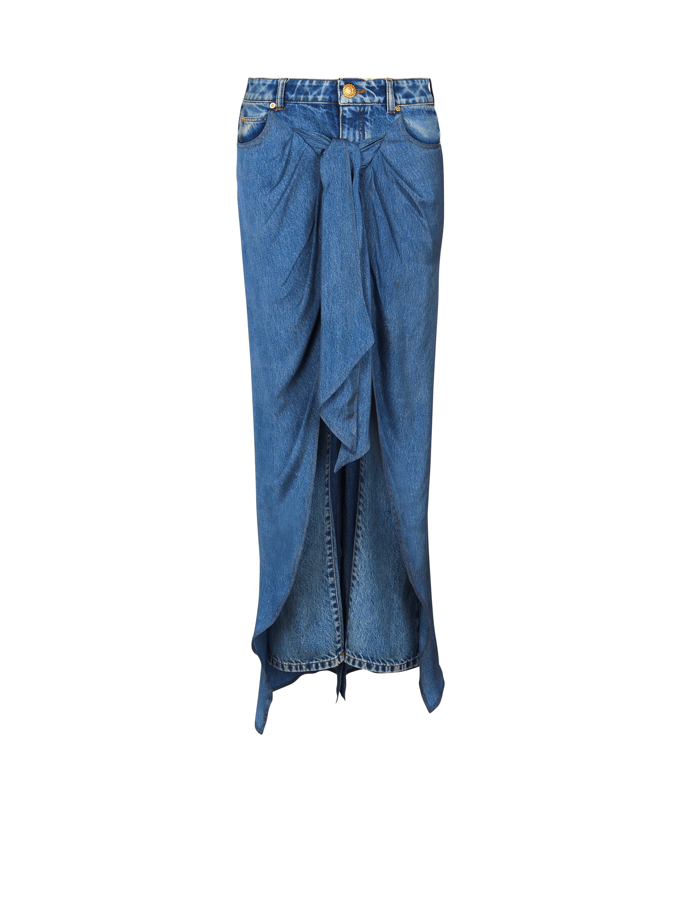 Denim jeans with draped skirt