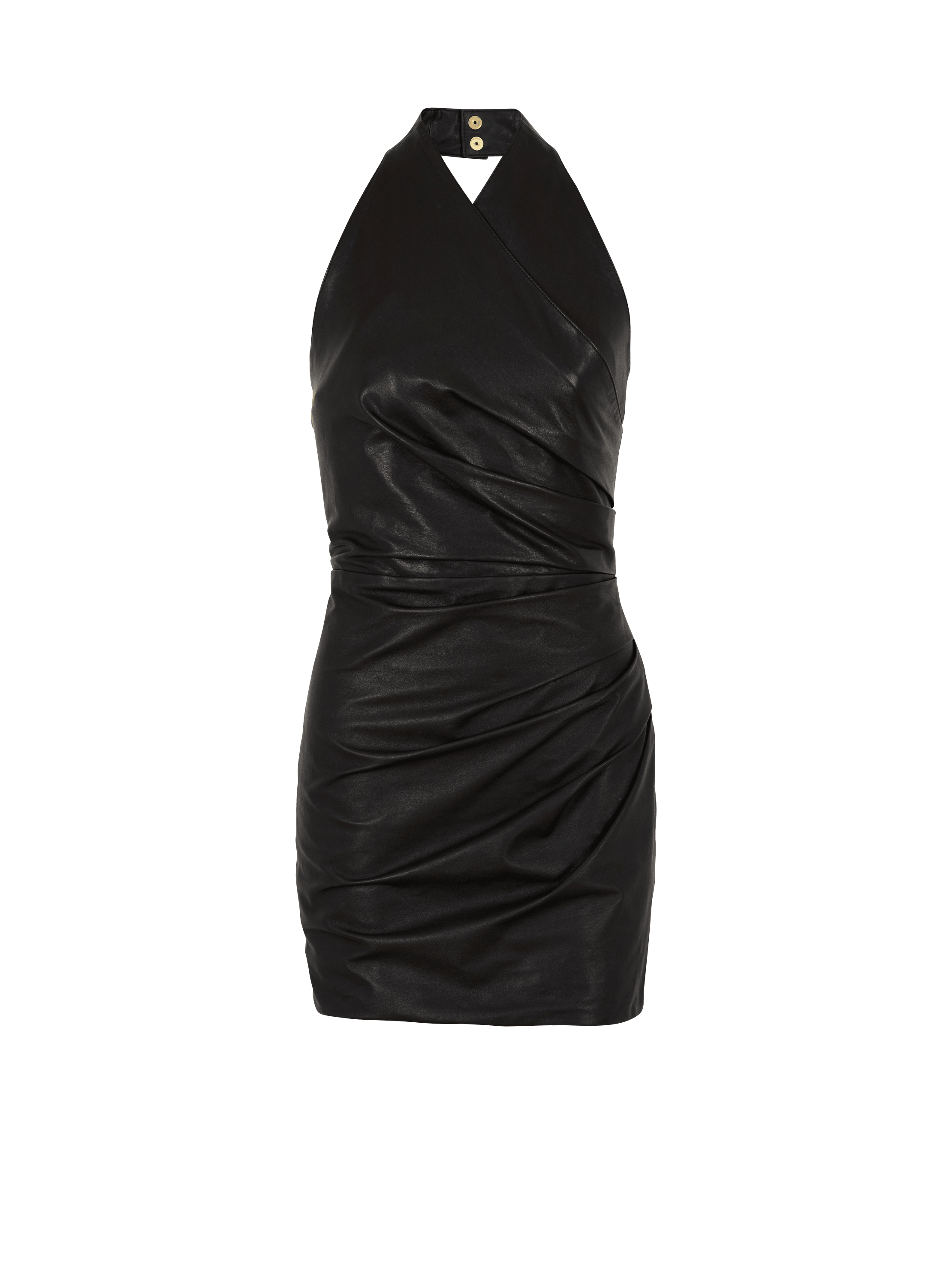 Robe dos-nu courte drapée en cuir 