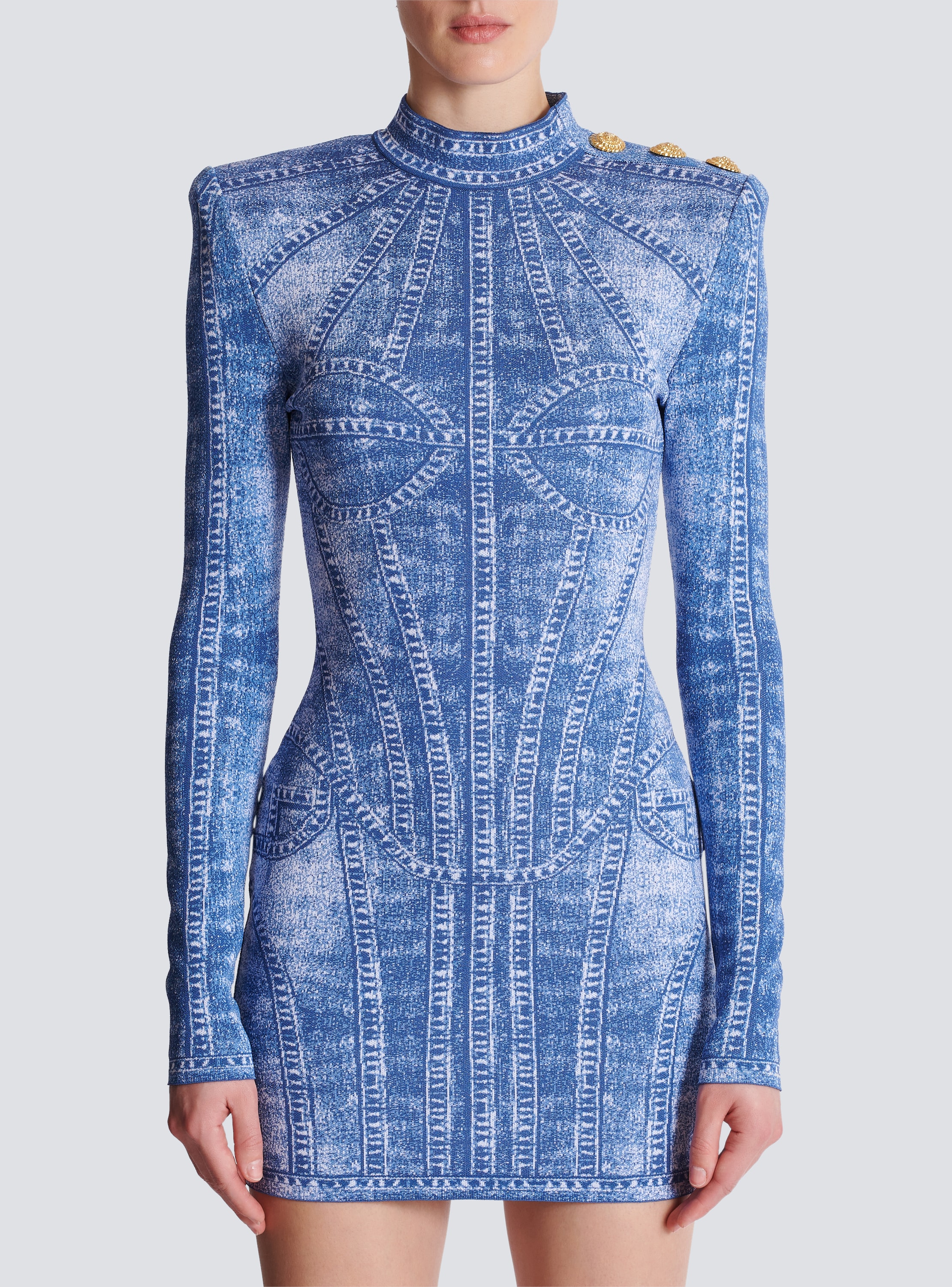 Short jacquard knit dress with denim effect Women BALMAIN