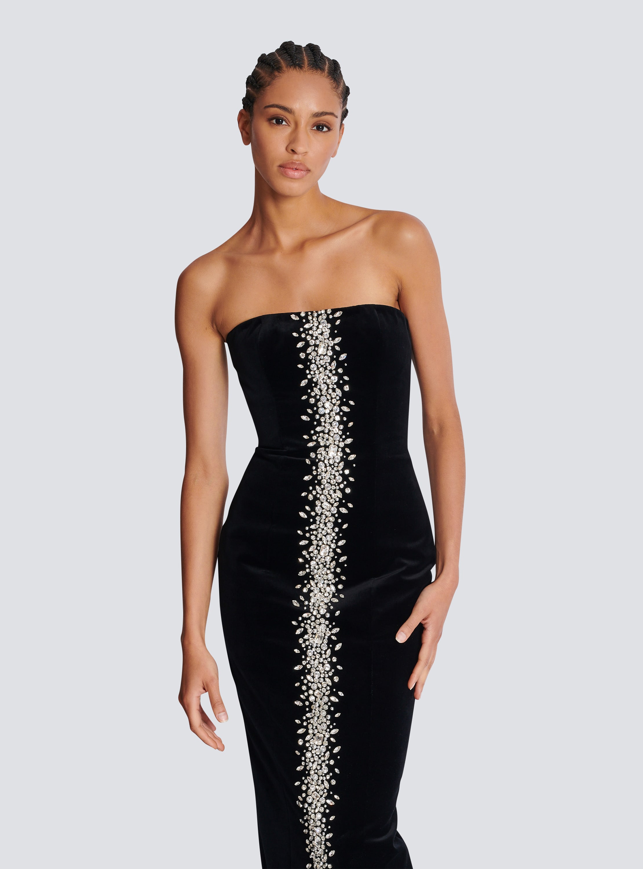 Long embroidered velvet bustier dress