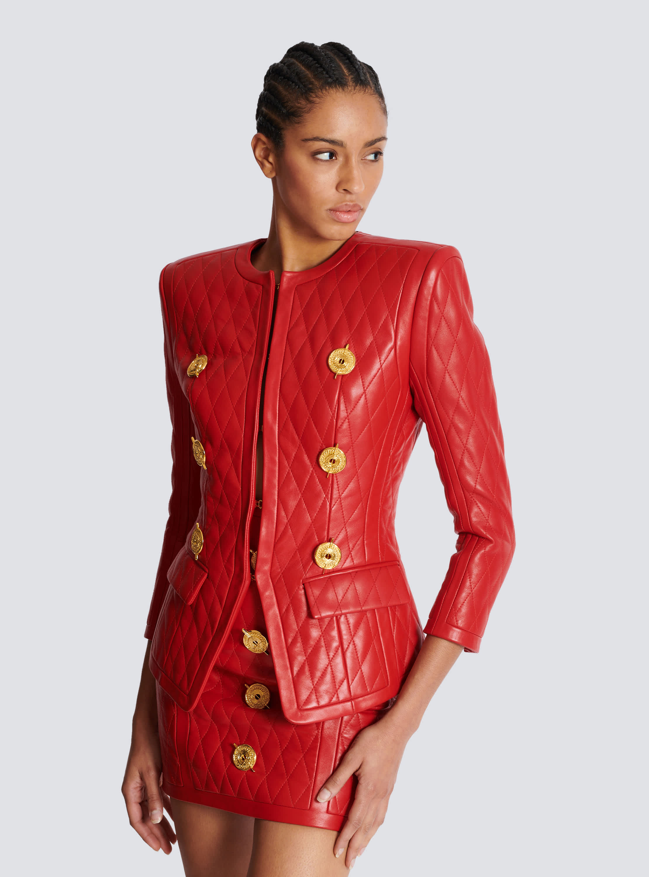 Quilted lambskin edge to edge jacket red Women BALMAIN
