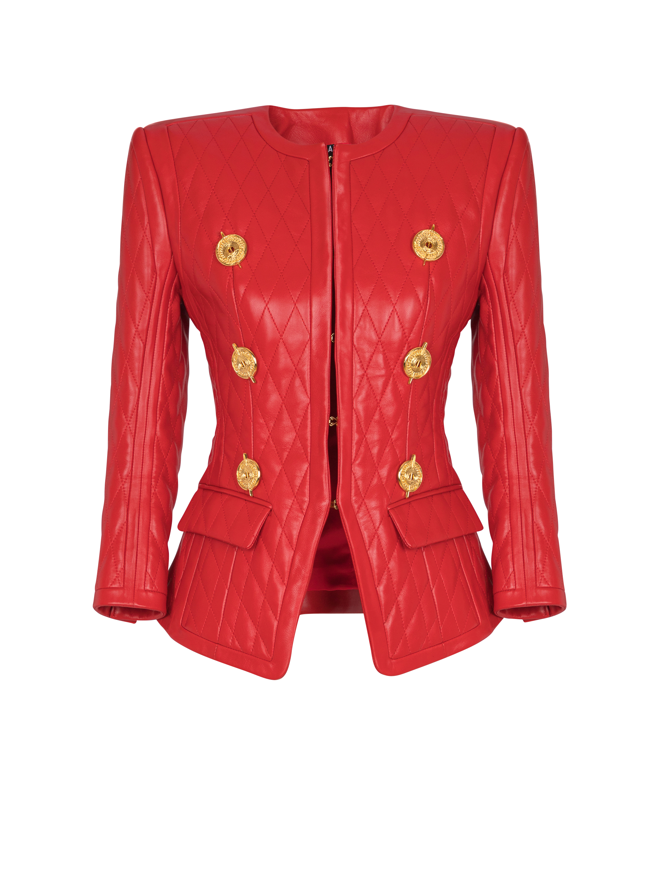 balmain paris Veste bord à bord en cuir d'agneau surpiqué rouge - Femme