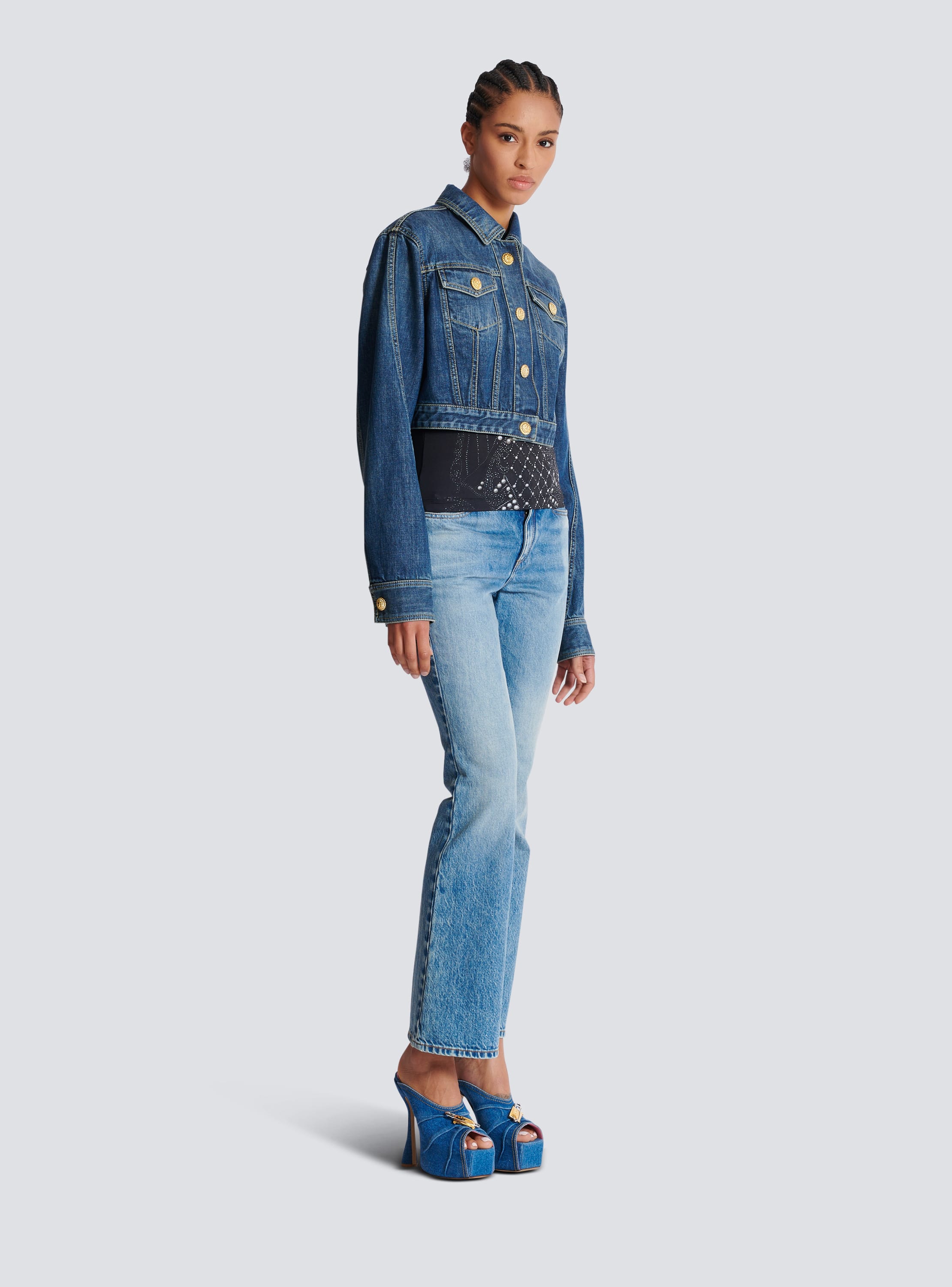 Cropped faded denim jacket blue Women BALMAIN
