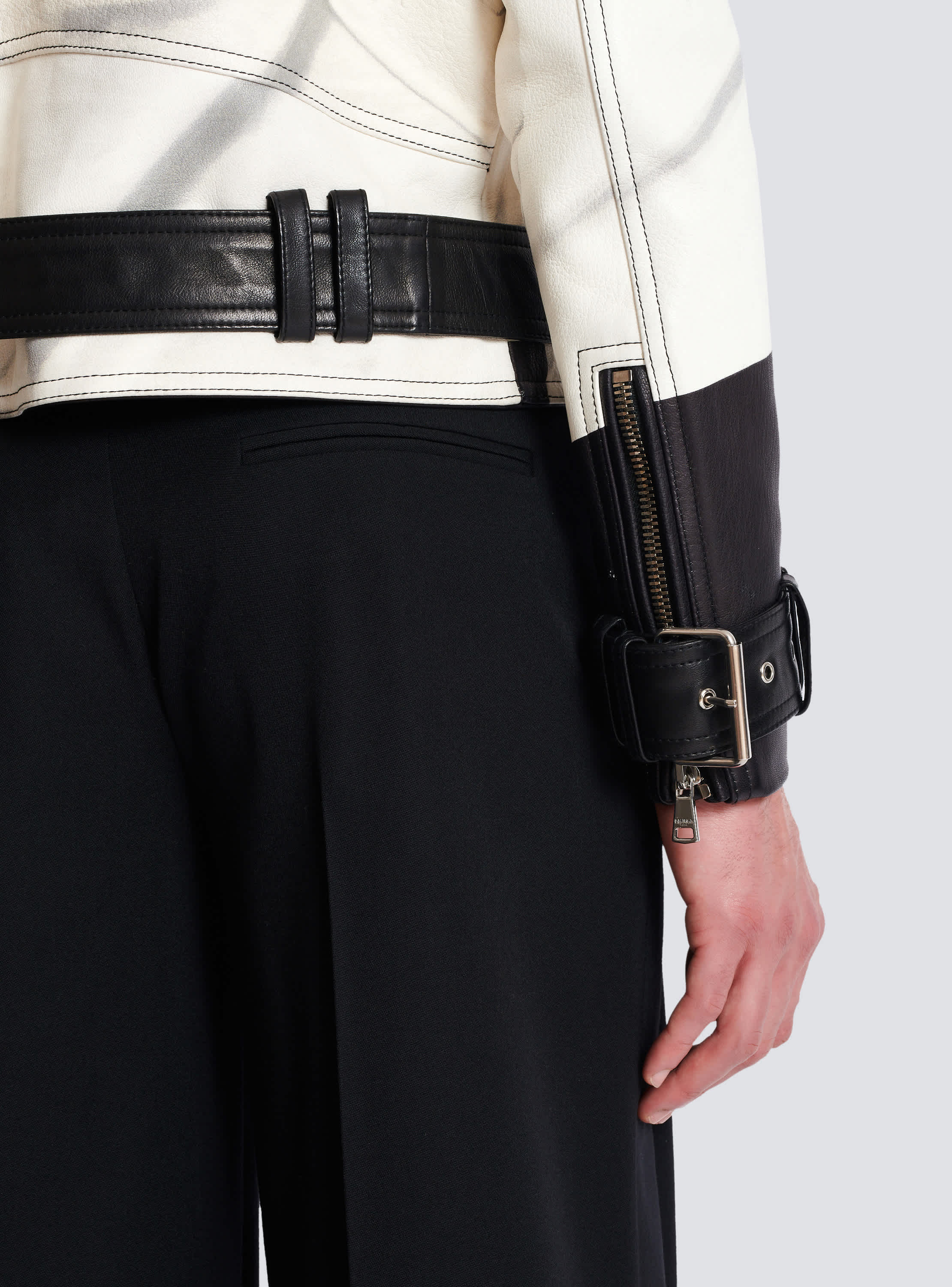 Leather biker jacket with trompe-l'œil T-shirt print - Men