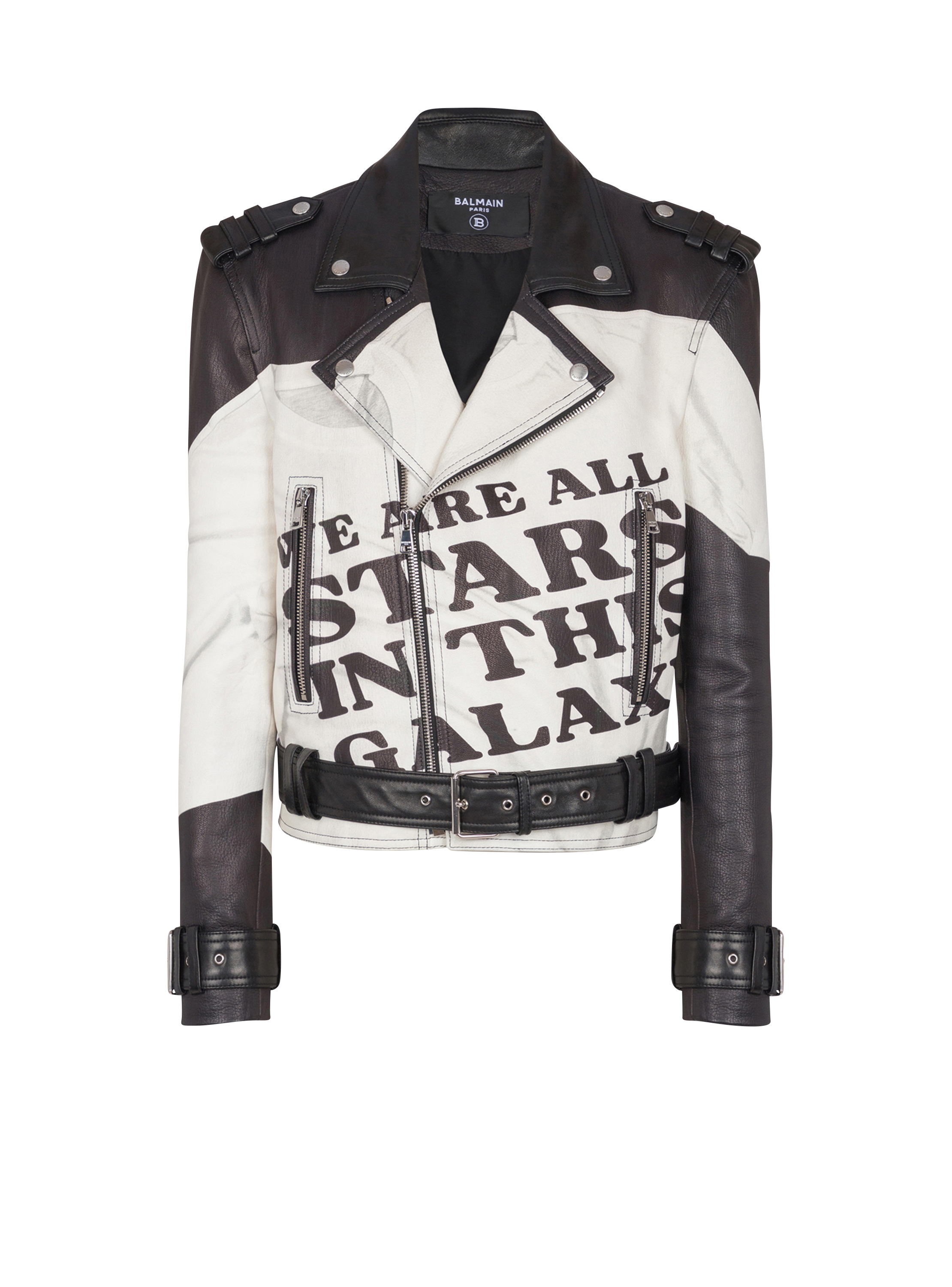 Leather biker jacket with trompe-l'œil T-shirt print