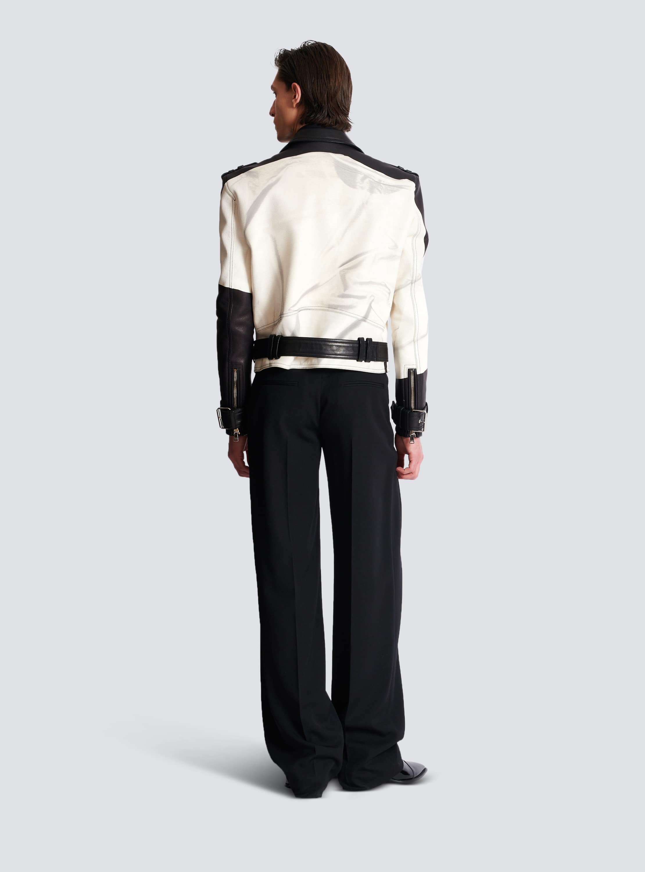 Leather biker jacket with trompe-l'œil T-shirt print - Men