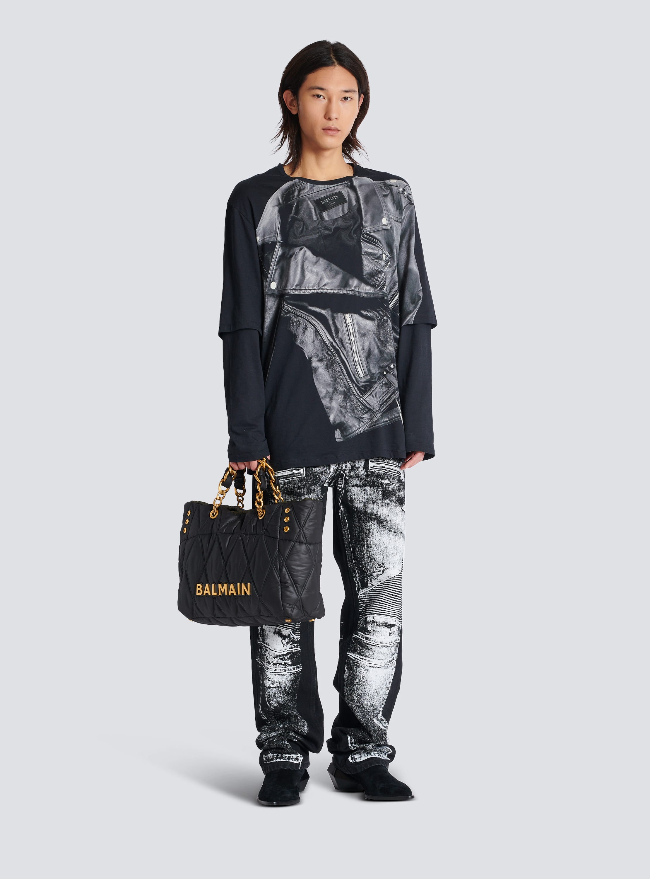 Long-sleeved T-shirt with biker jacket print