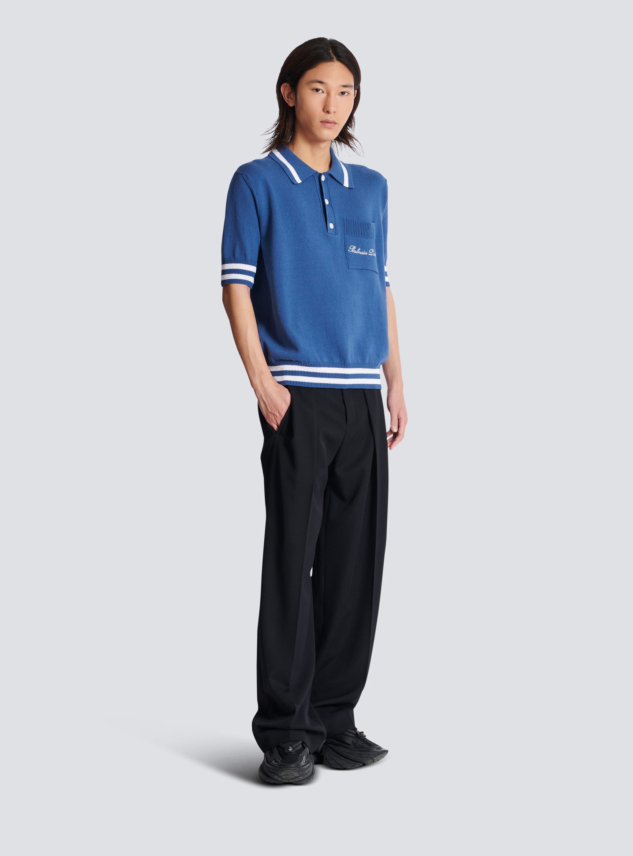 Cotton linen polo shirt with Balmain Signature embroidery