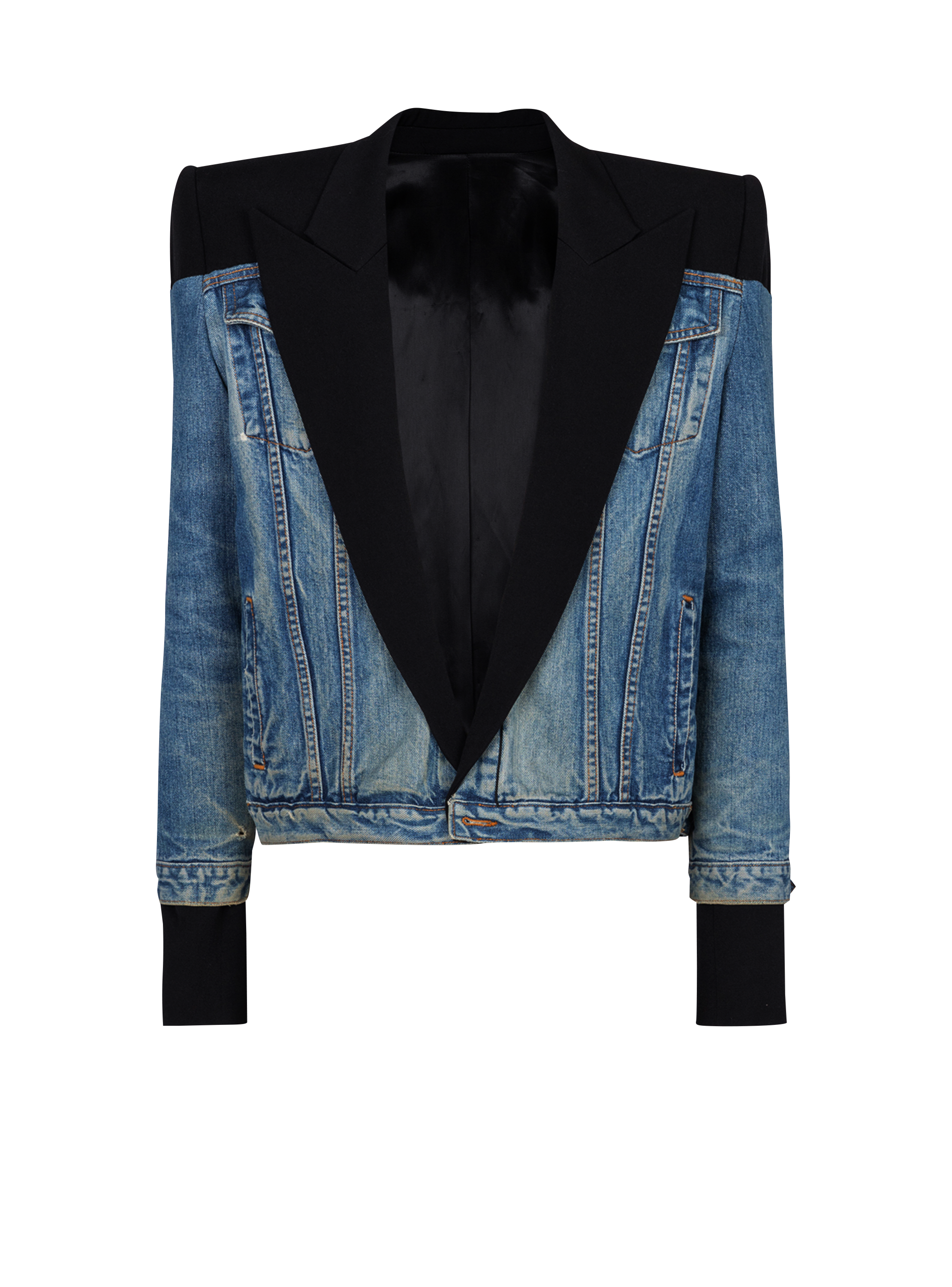 Cropped denim and grain de poudre jacket