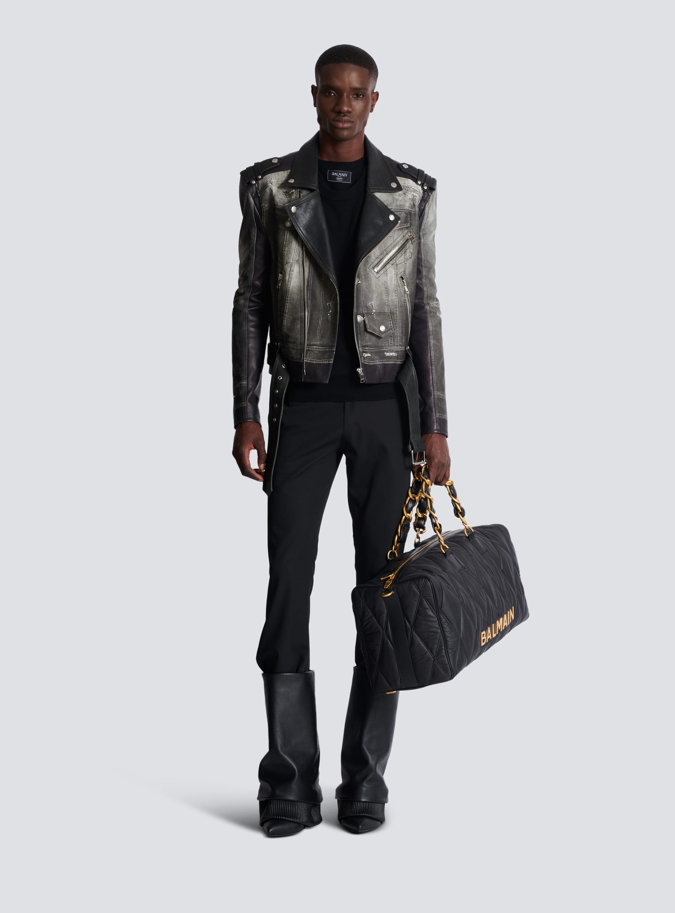 Leather biker jacket with denim print Men BALMAIN