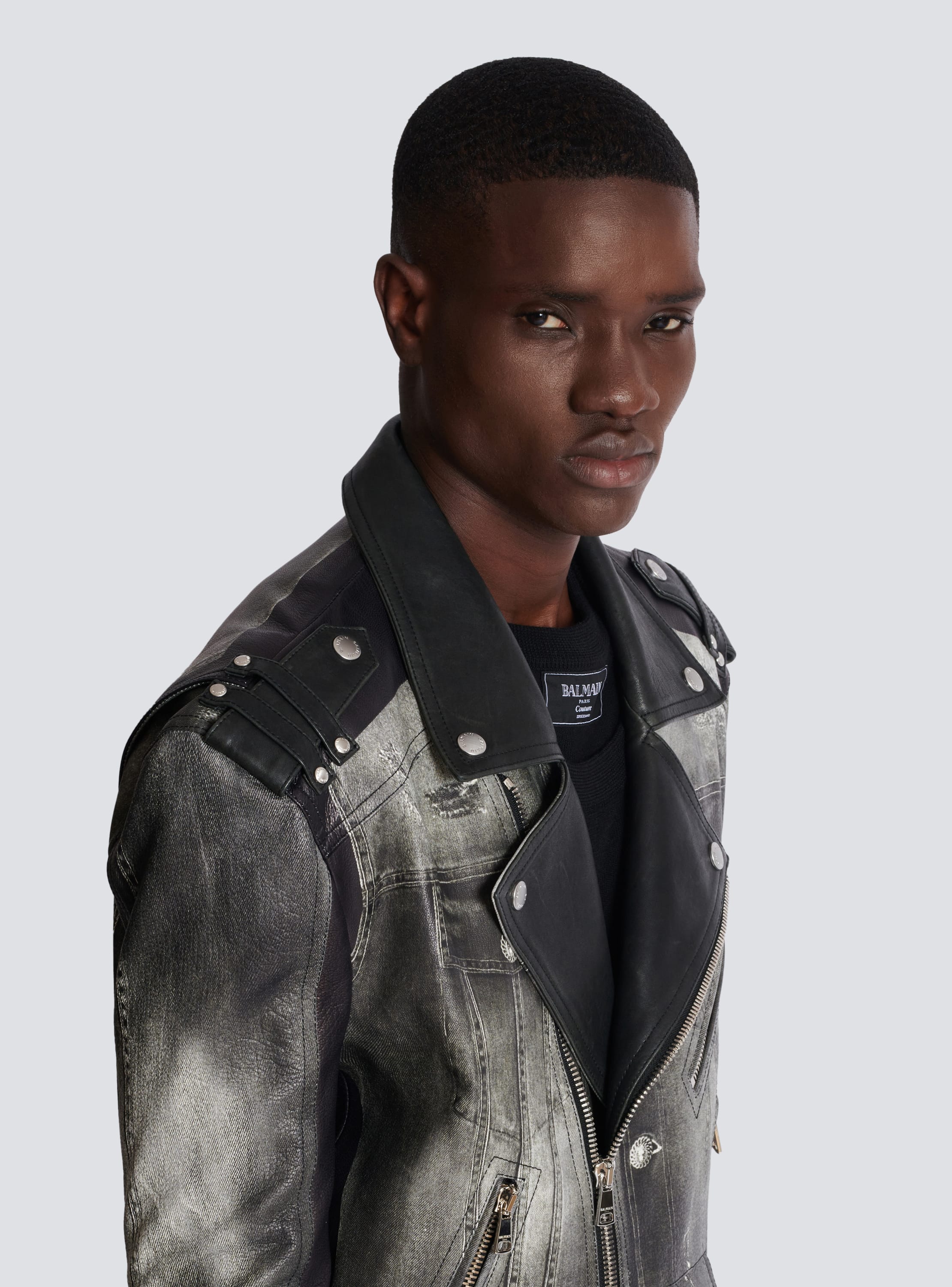 Leather biker jacket with denim print Men BALMAIN