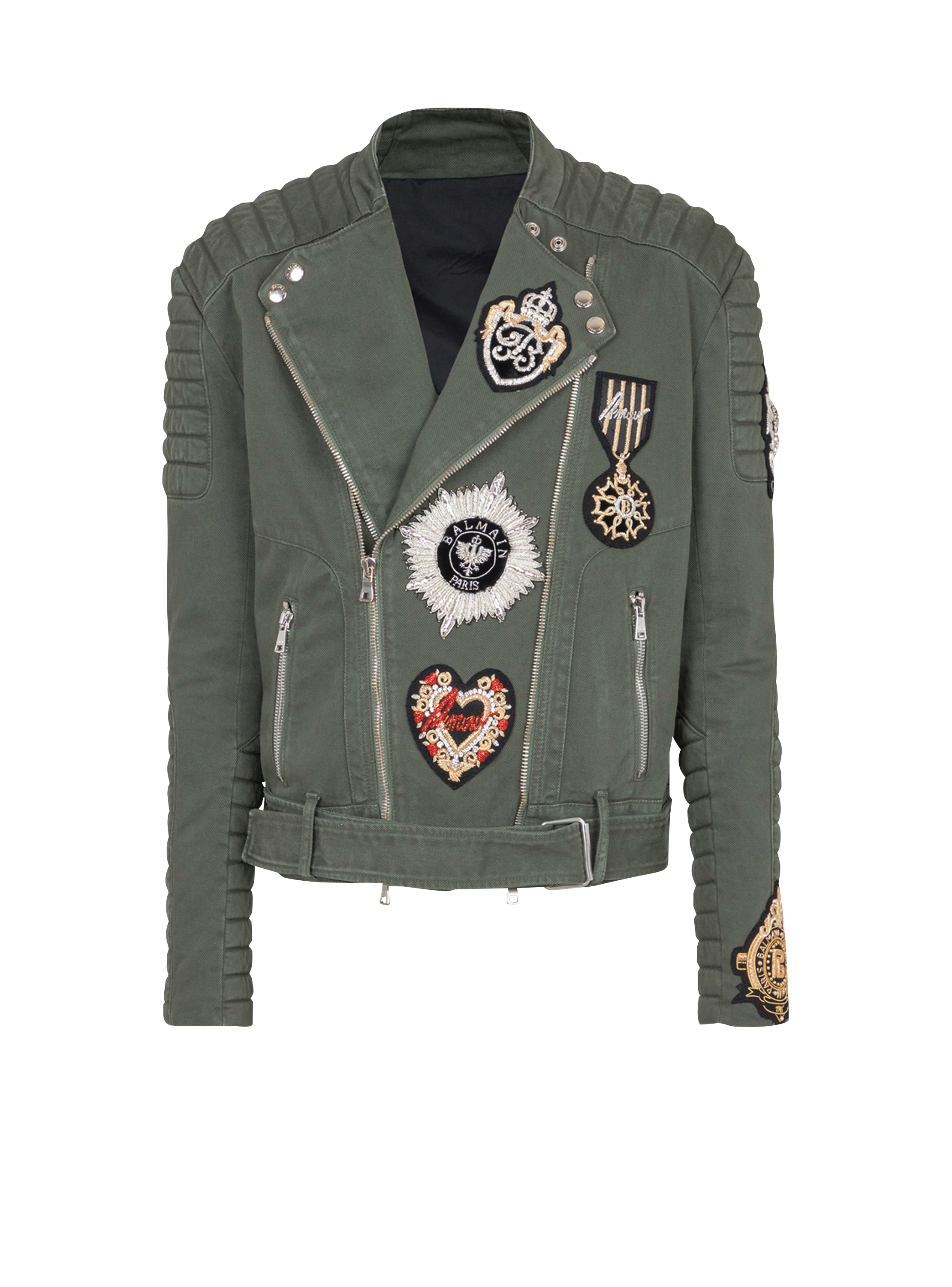 Denim biker jacket with embroidered patches