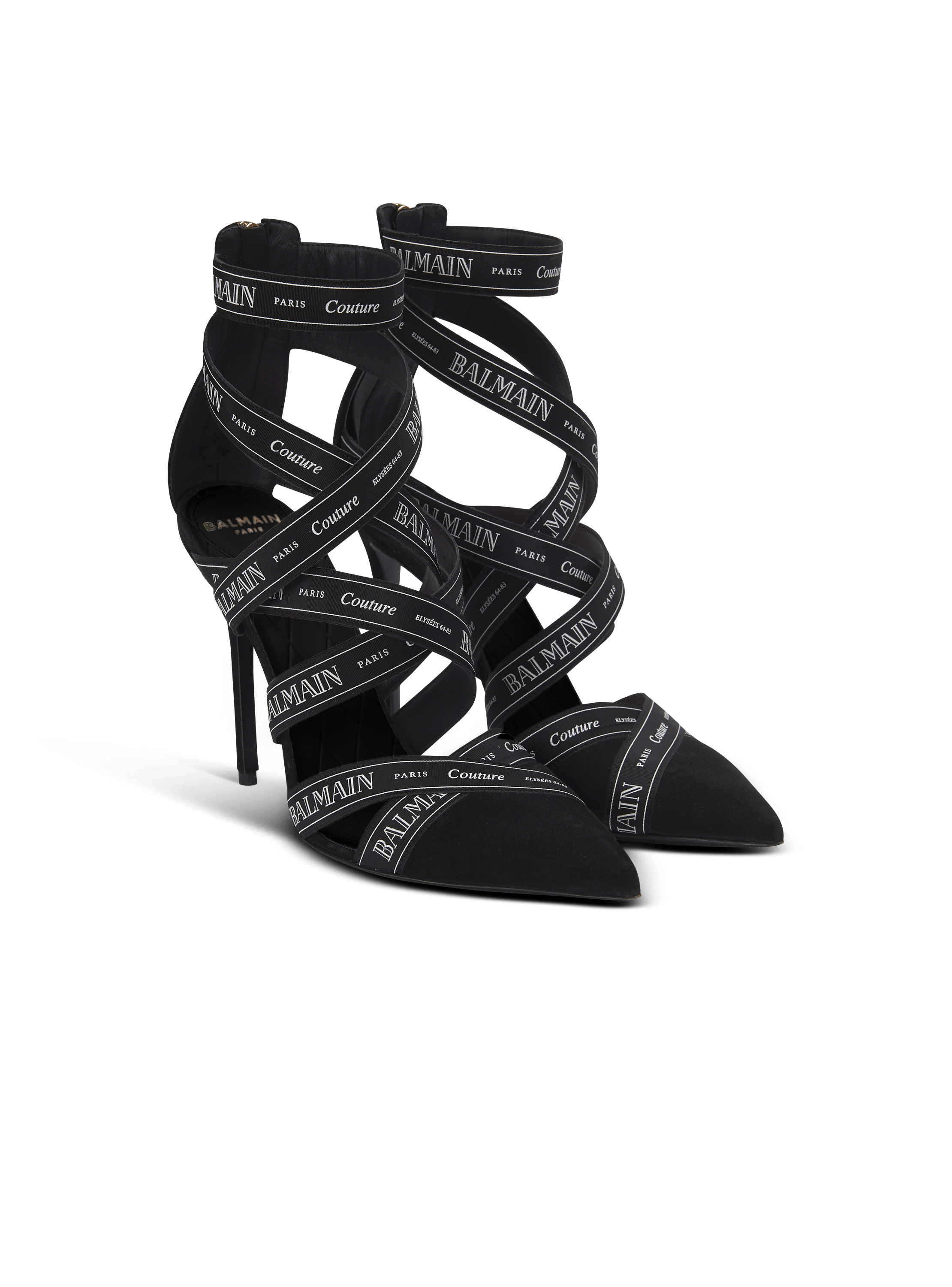 Couture suede heels with Balmain ribbon motif