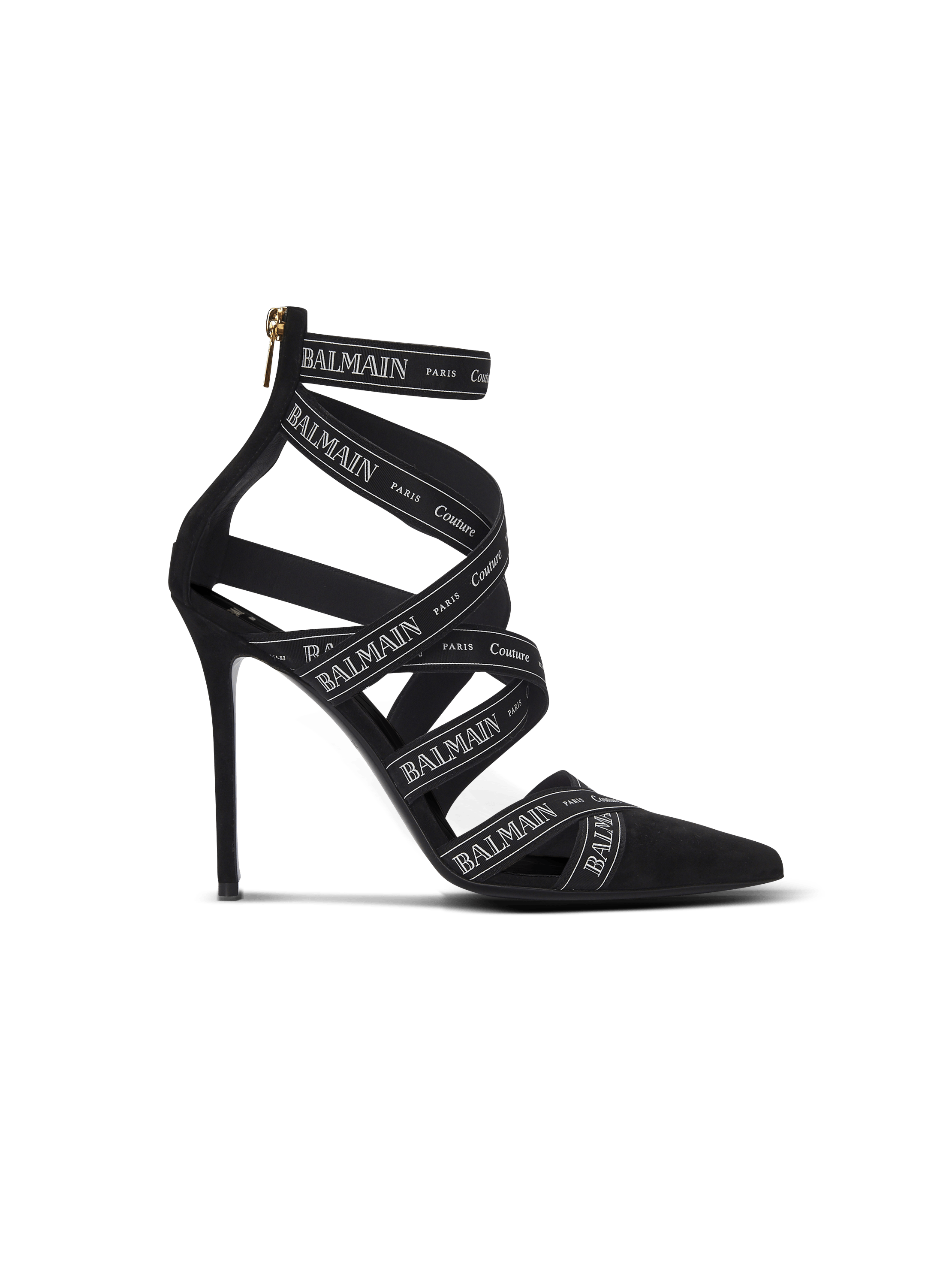 Couture suede heels with Balmain ribbon motif