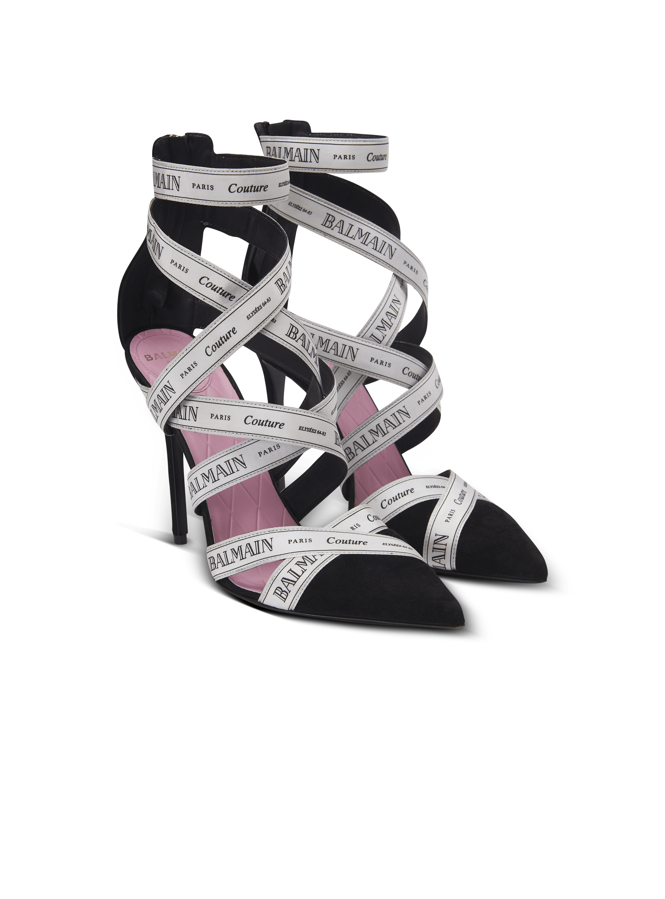 Couture suede heels with Balmain ribbon motif