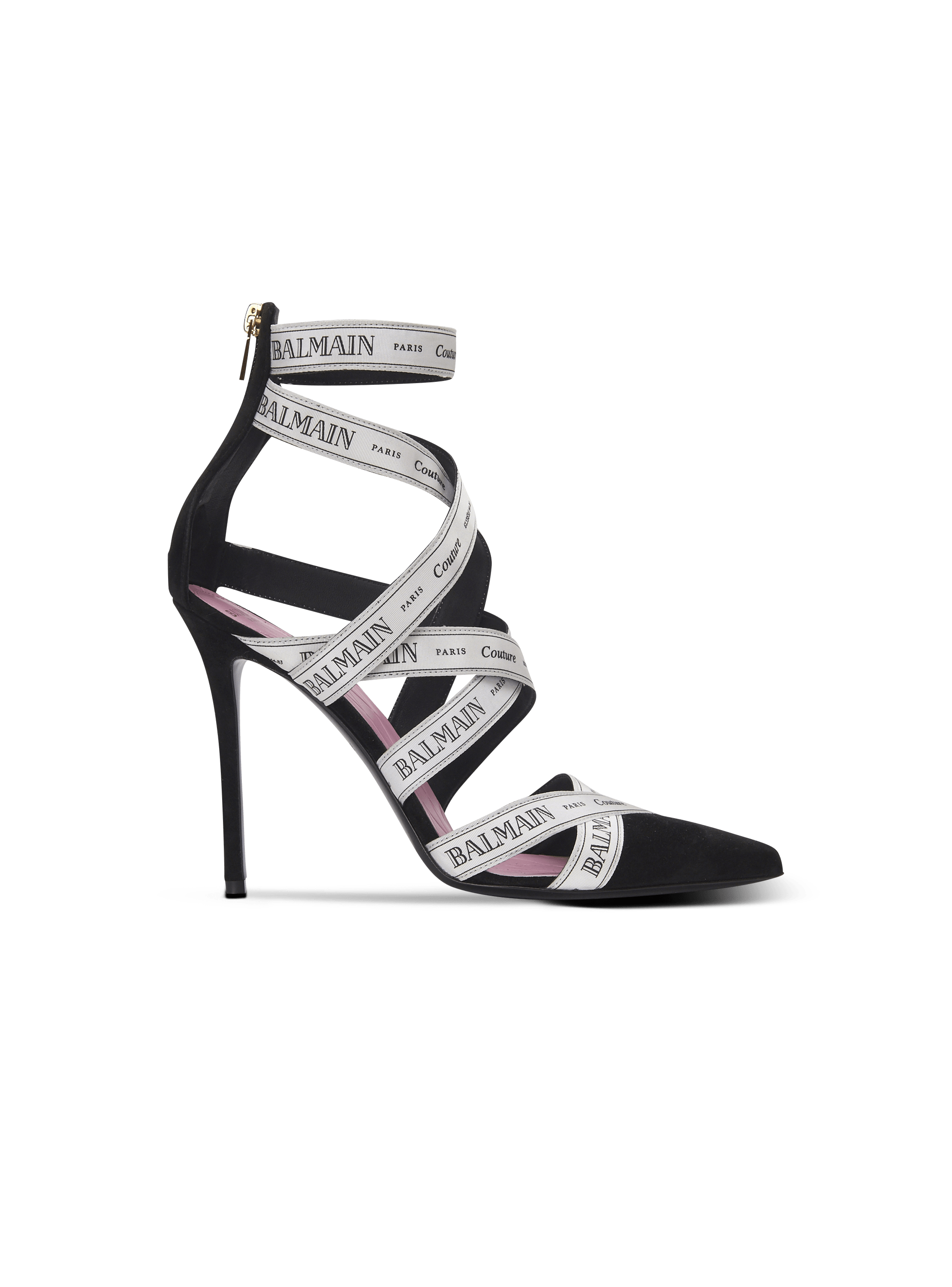 Couture suede heels with Balmain ribbon motif