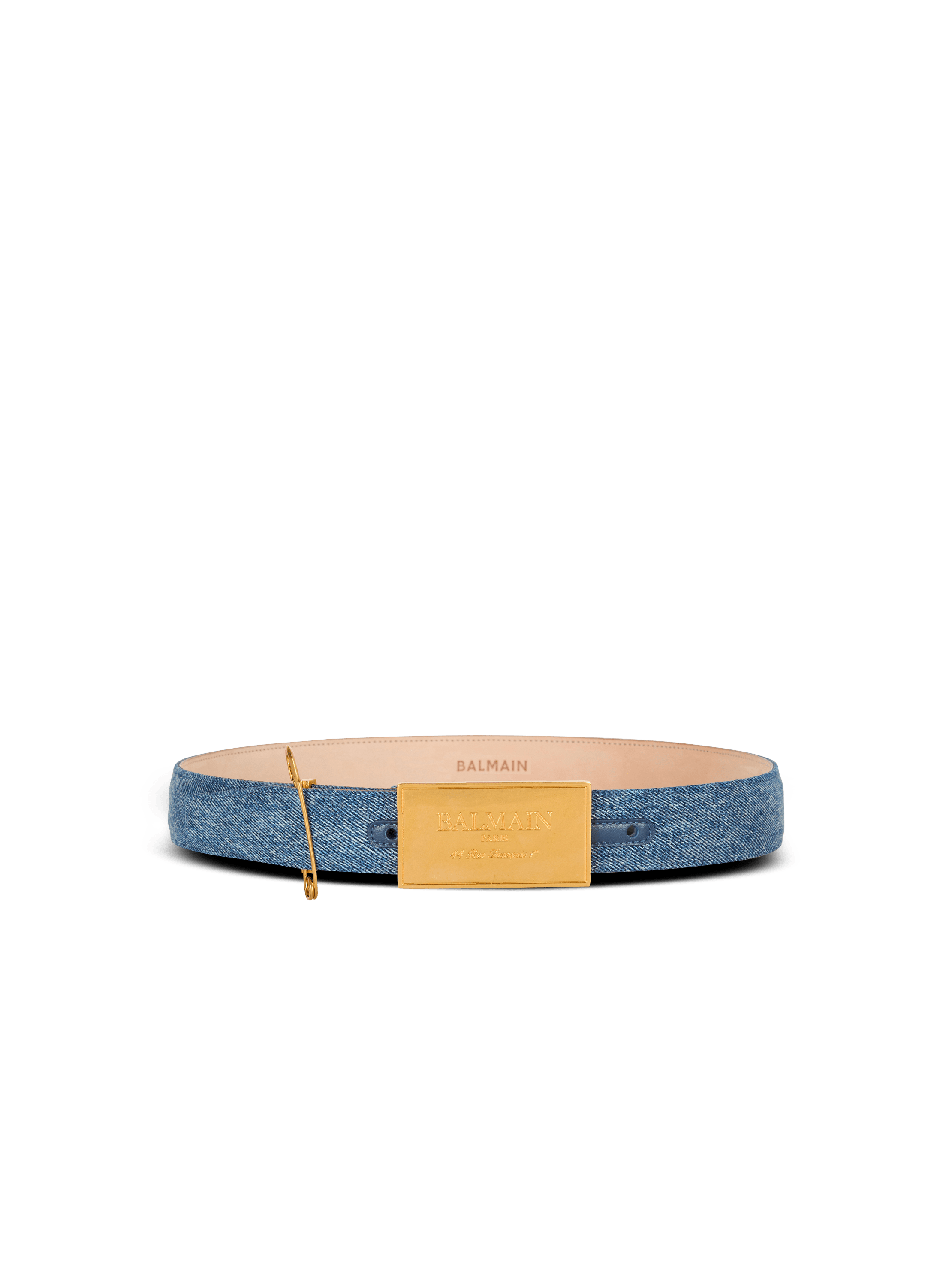 Denim belt with safety pin