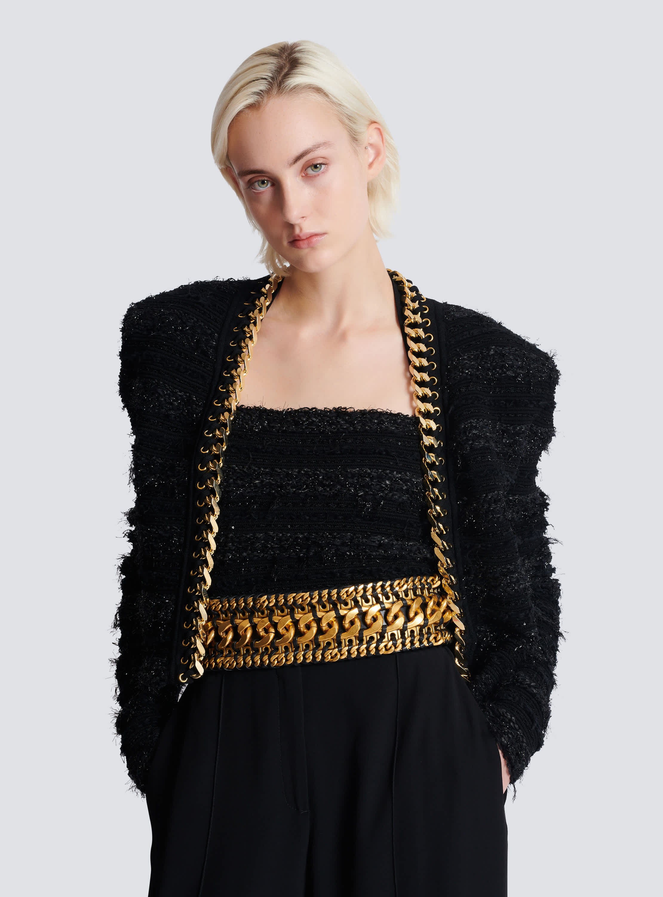 Wide waist belt in braided chains and leather