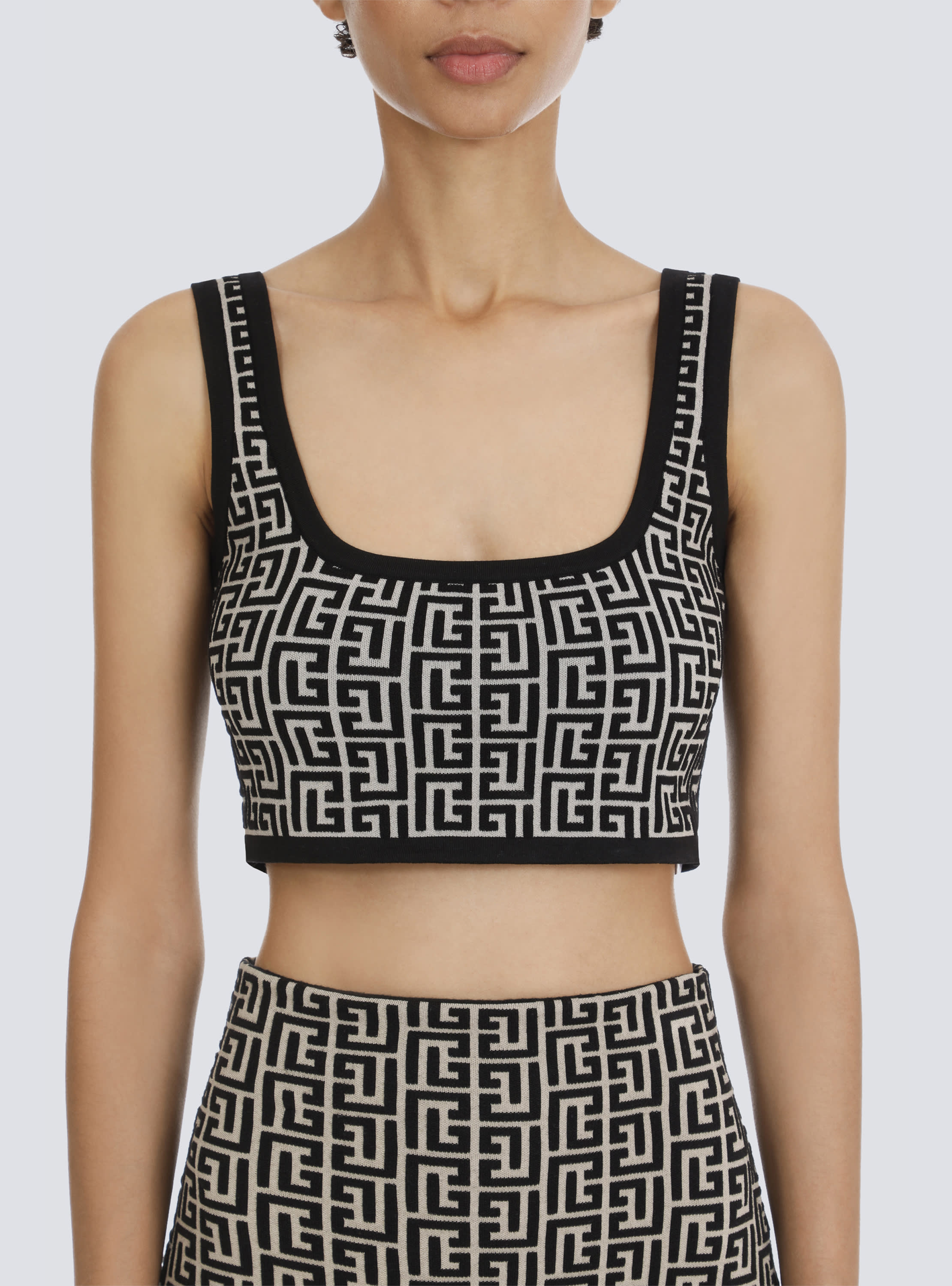 Cropped bicolor jacquard sports bra top with Balmain monogram