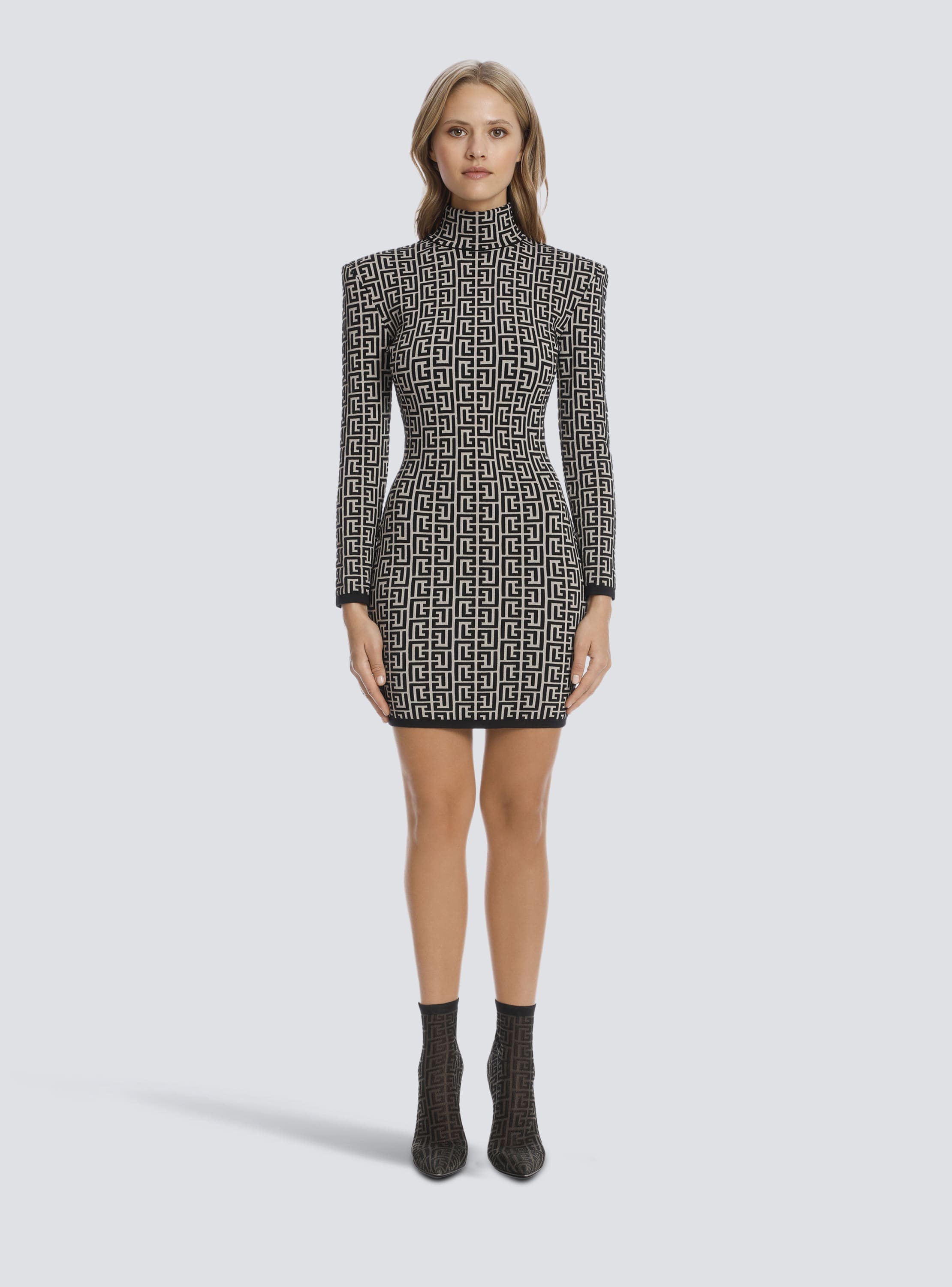 Short bicolor jacquard knit dress with Balmain monogram black