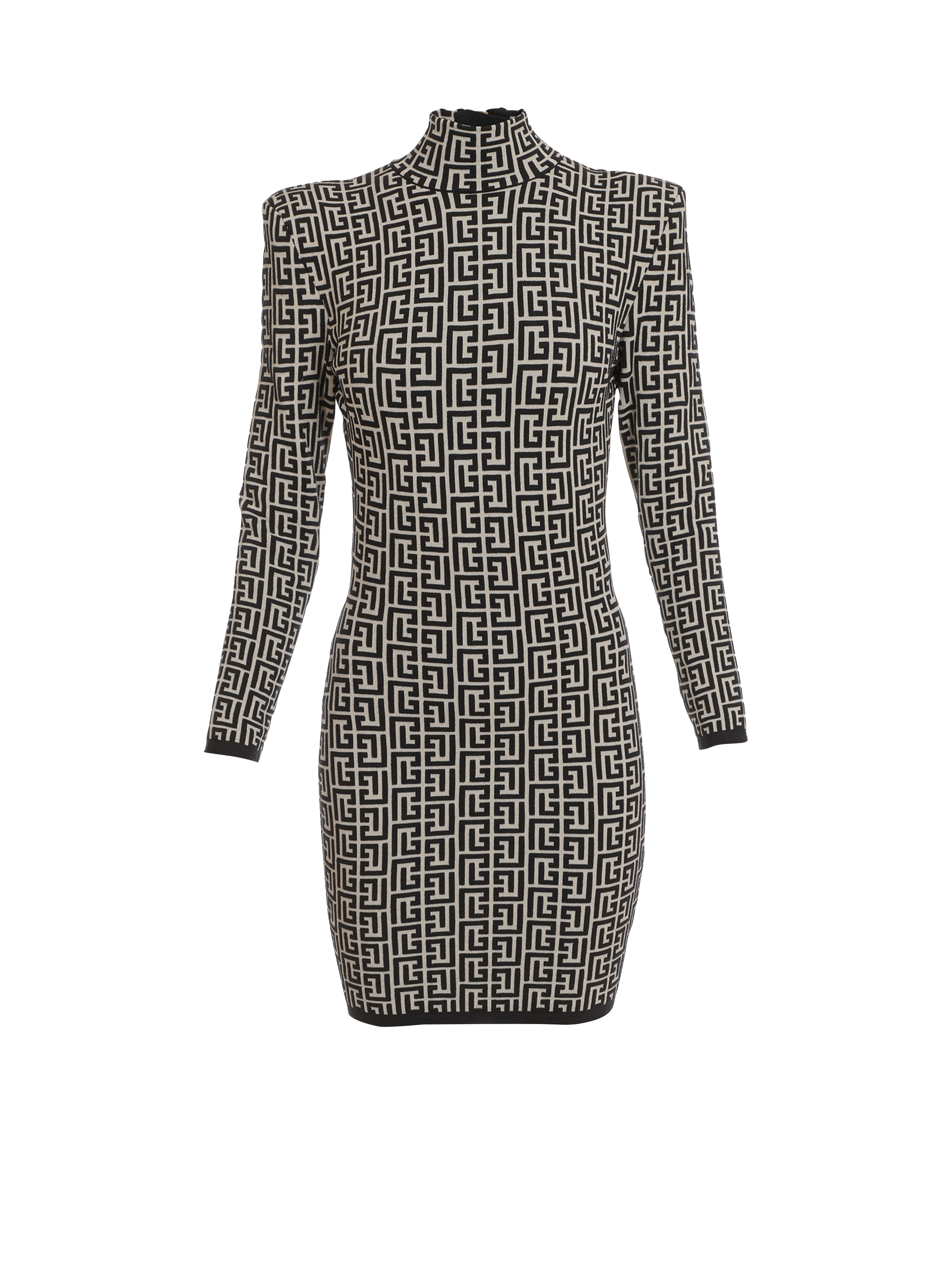 Short bicolor jacquard knit dress with Balmain monogram, black, hi-res