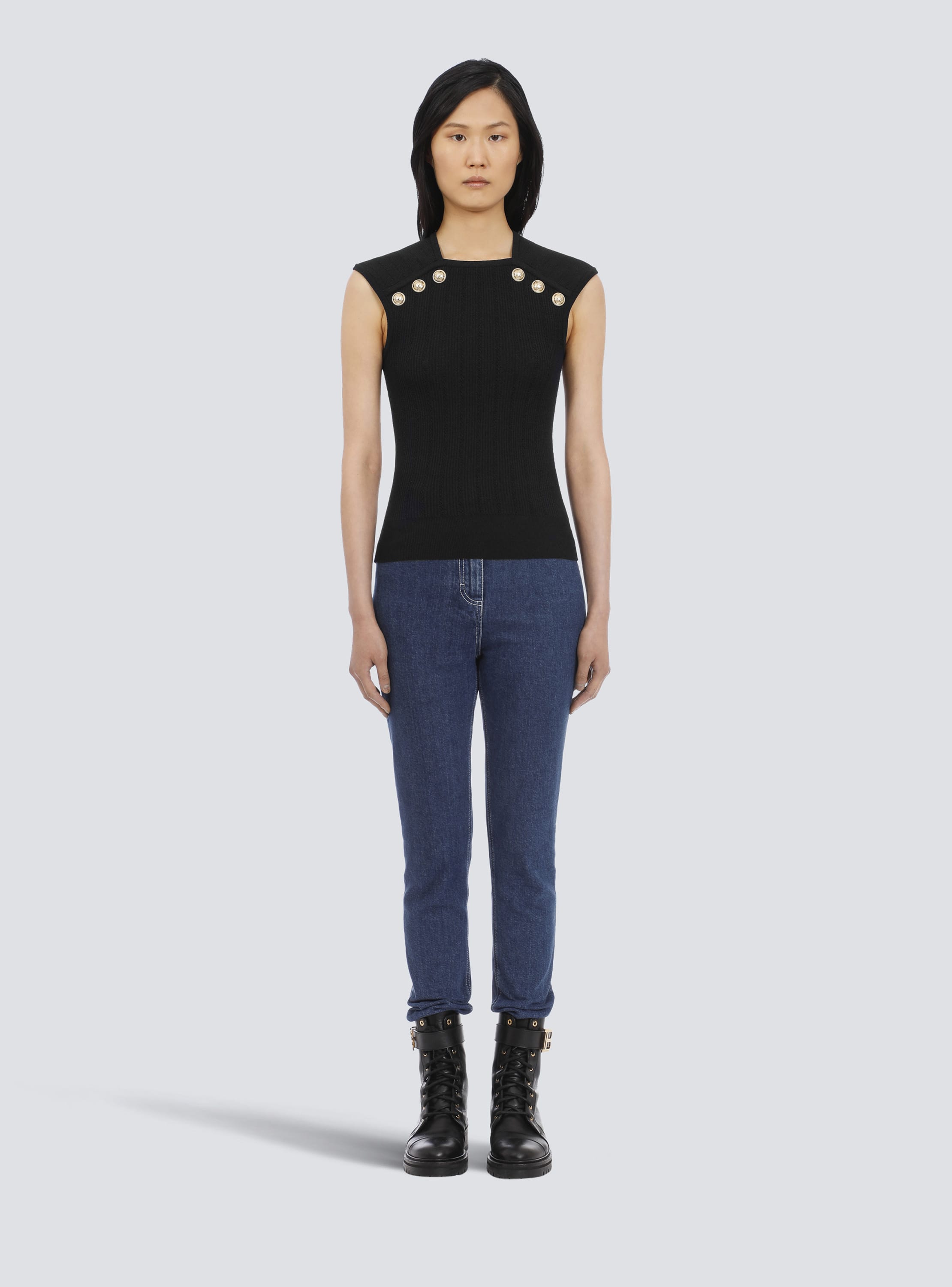 Knit top with gold-tone buttons black - Women | BALMAIN