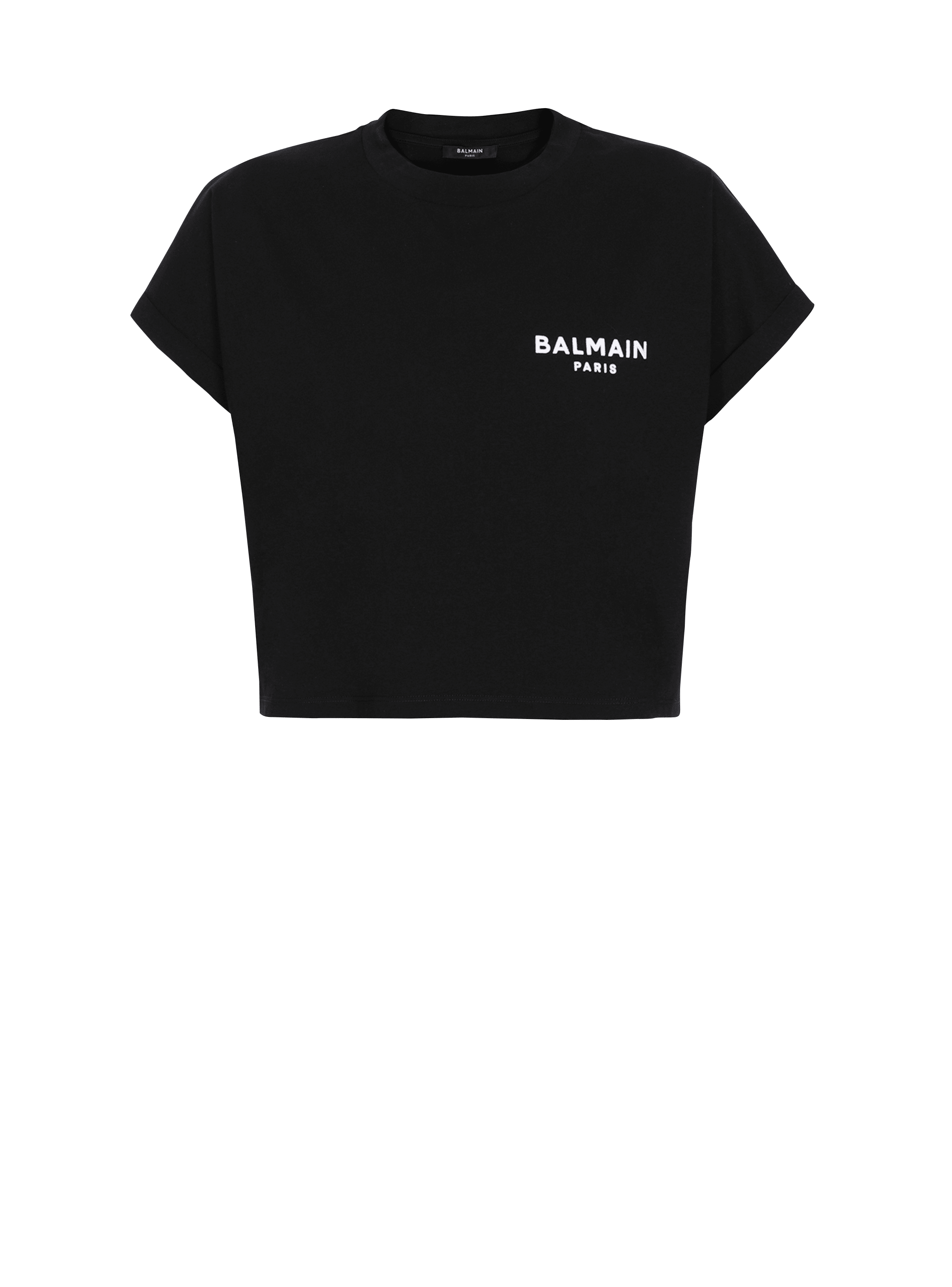 Cropped eco-designed cotton T-shirt with small flocked Balmain logo, black, hi-res