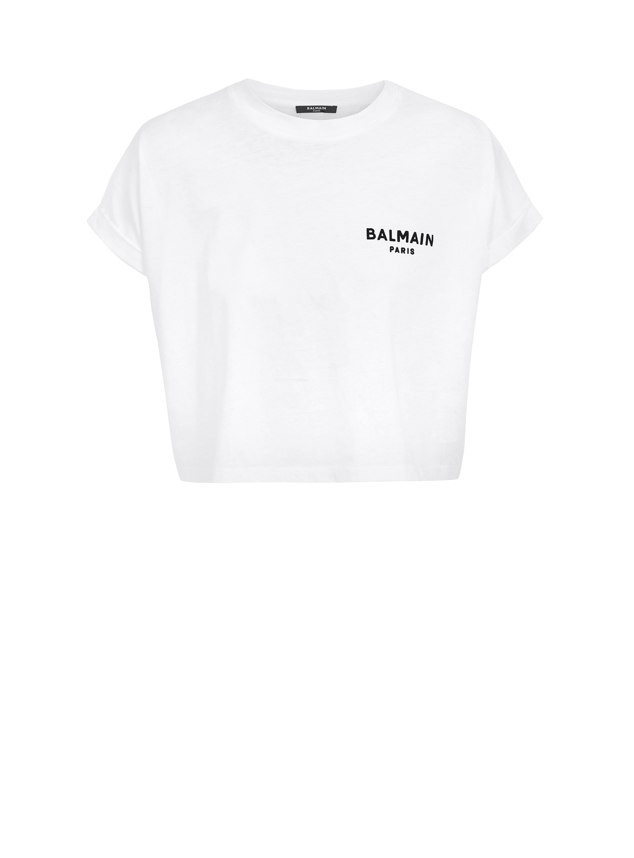 Flocked Balmain Paris cropped T-Shirt, white, hi-res