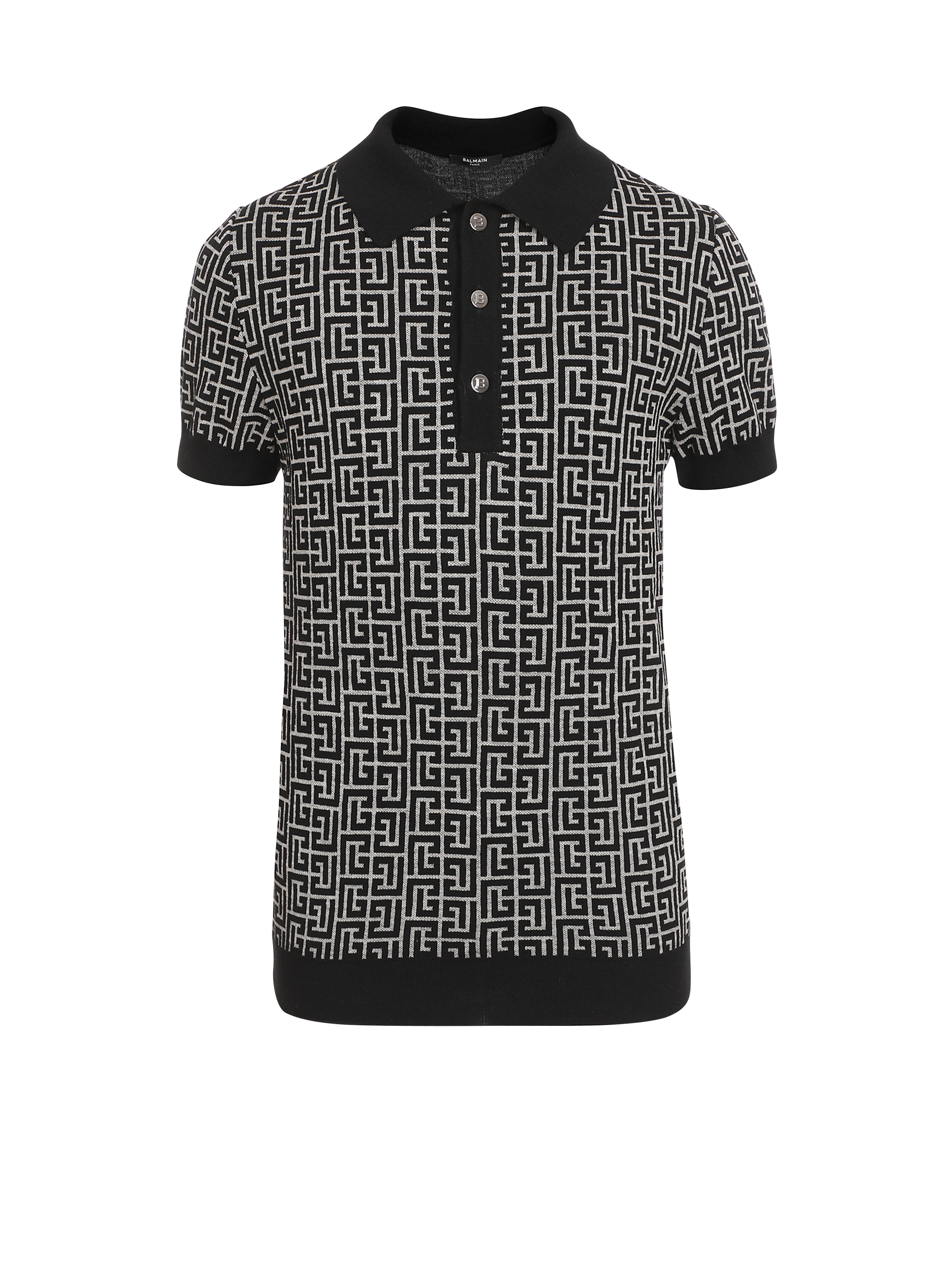 Wool polo shirt with monogram, black, hi-res