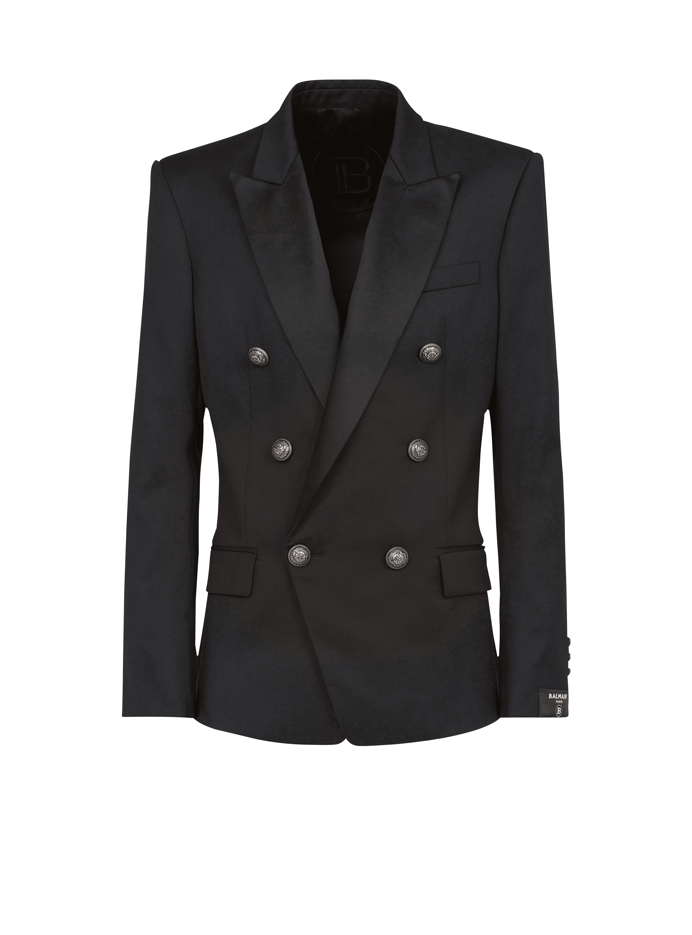 Wool blazer with double-breasted silver-tone buttoned fastening black ...