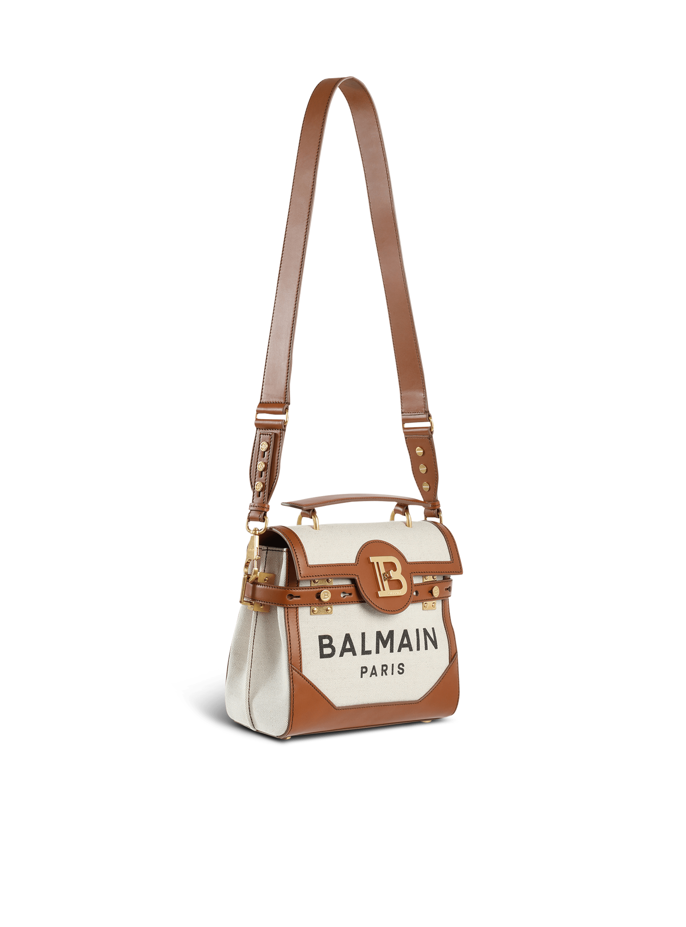 Ecru canvas B Buzz 23 bag with brown leather panels