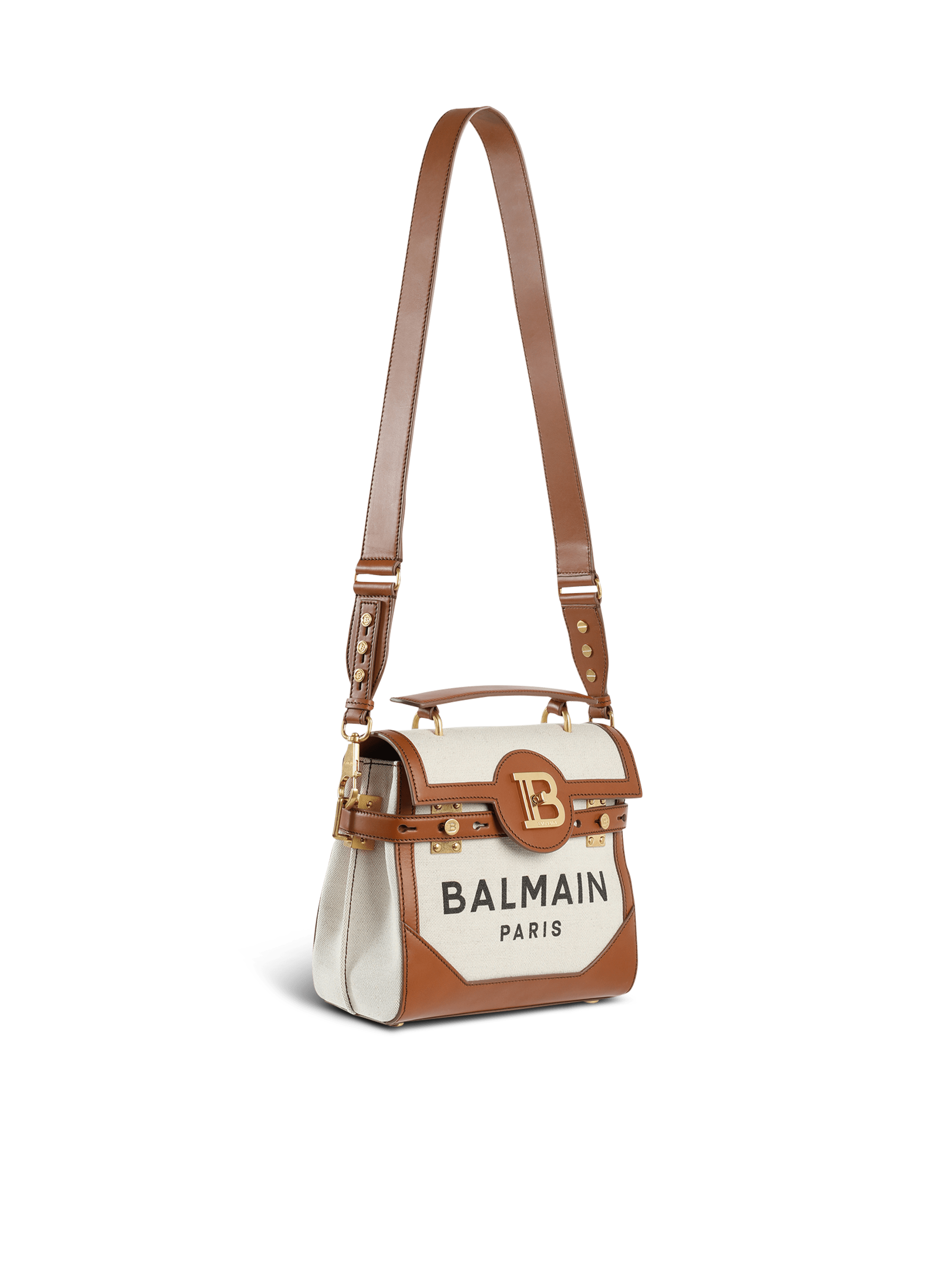 Ecru canvas B-Buzz 23 bag with brown leather panels