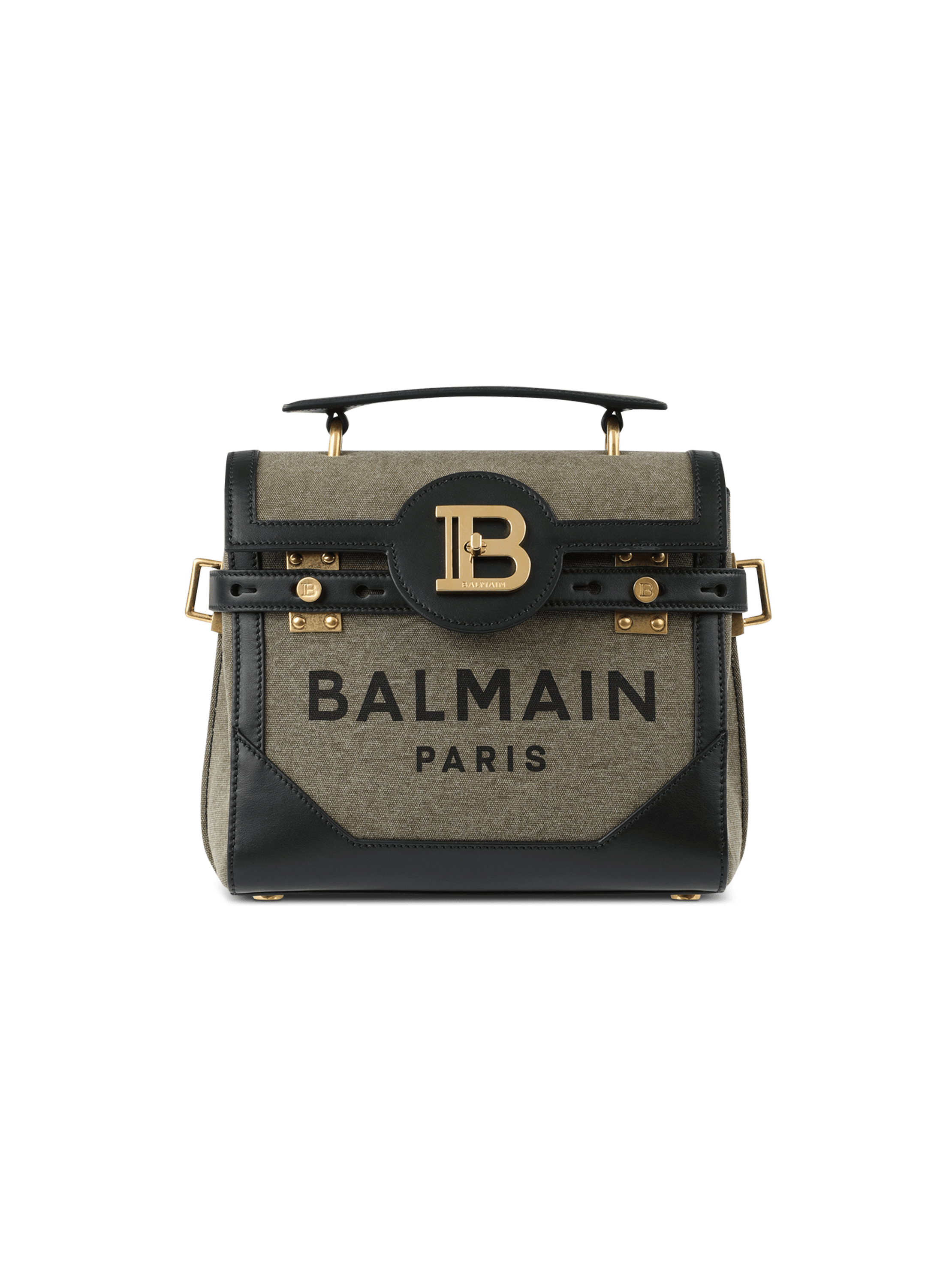 Canvas B-Buzz 23 bag with leather panels khaki - Women | BALMAIN