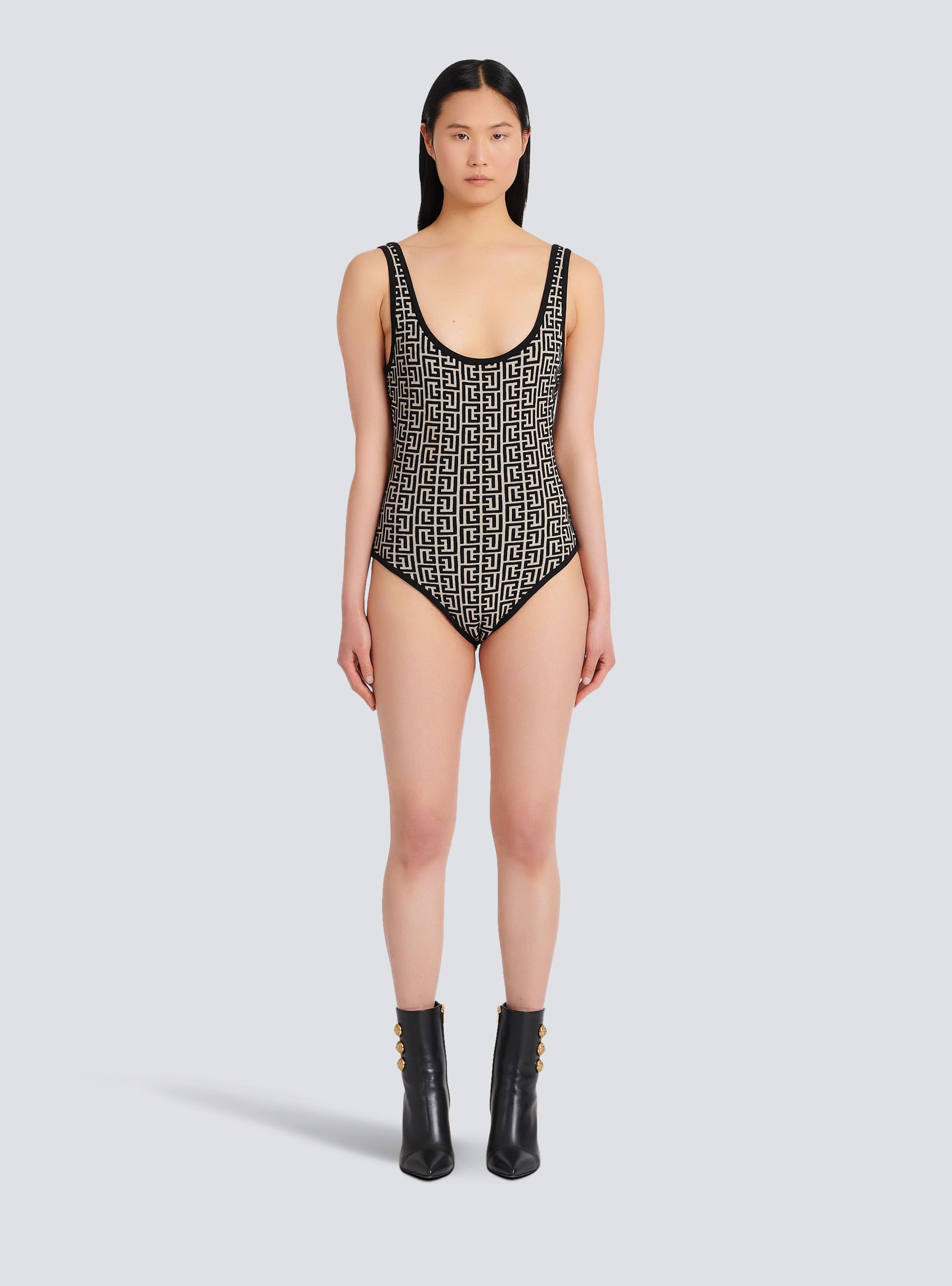 Bicolor jacquard bodysuit with Balmain monogram black - Women