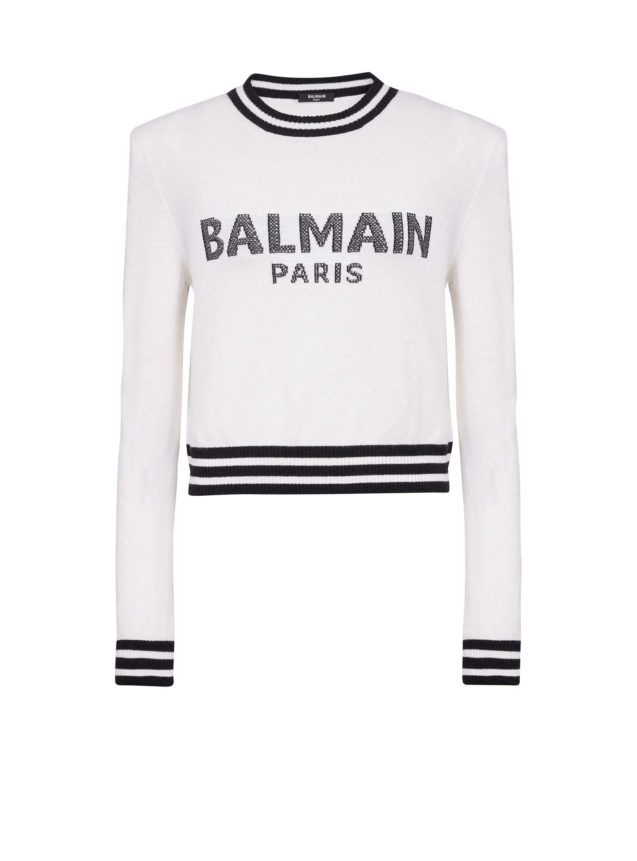 Sudadera corta de lana con logotipo de Balmain blanco