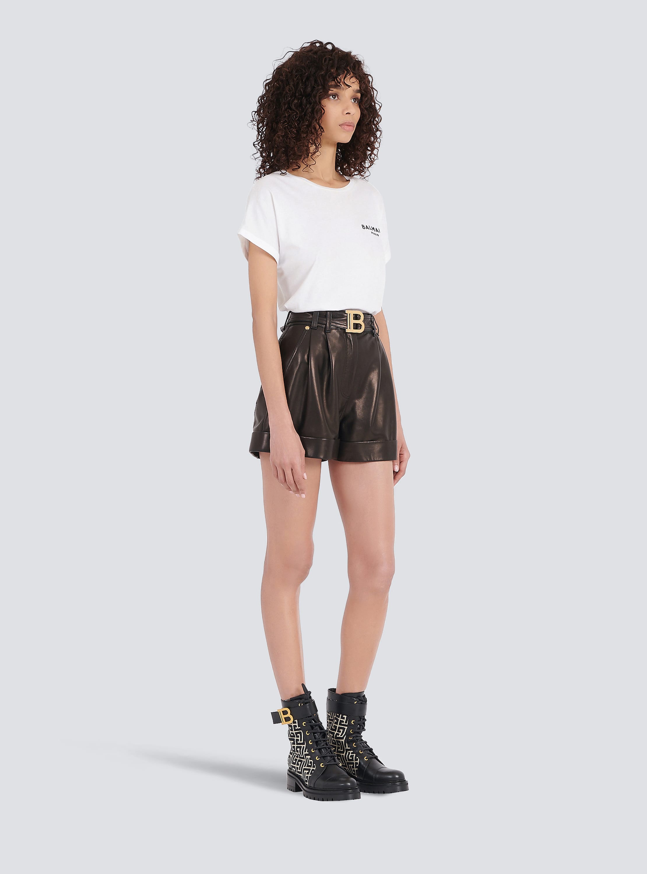 High-waisted leather shorts with Balmain buckle - Women | BALMAIN