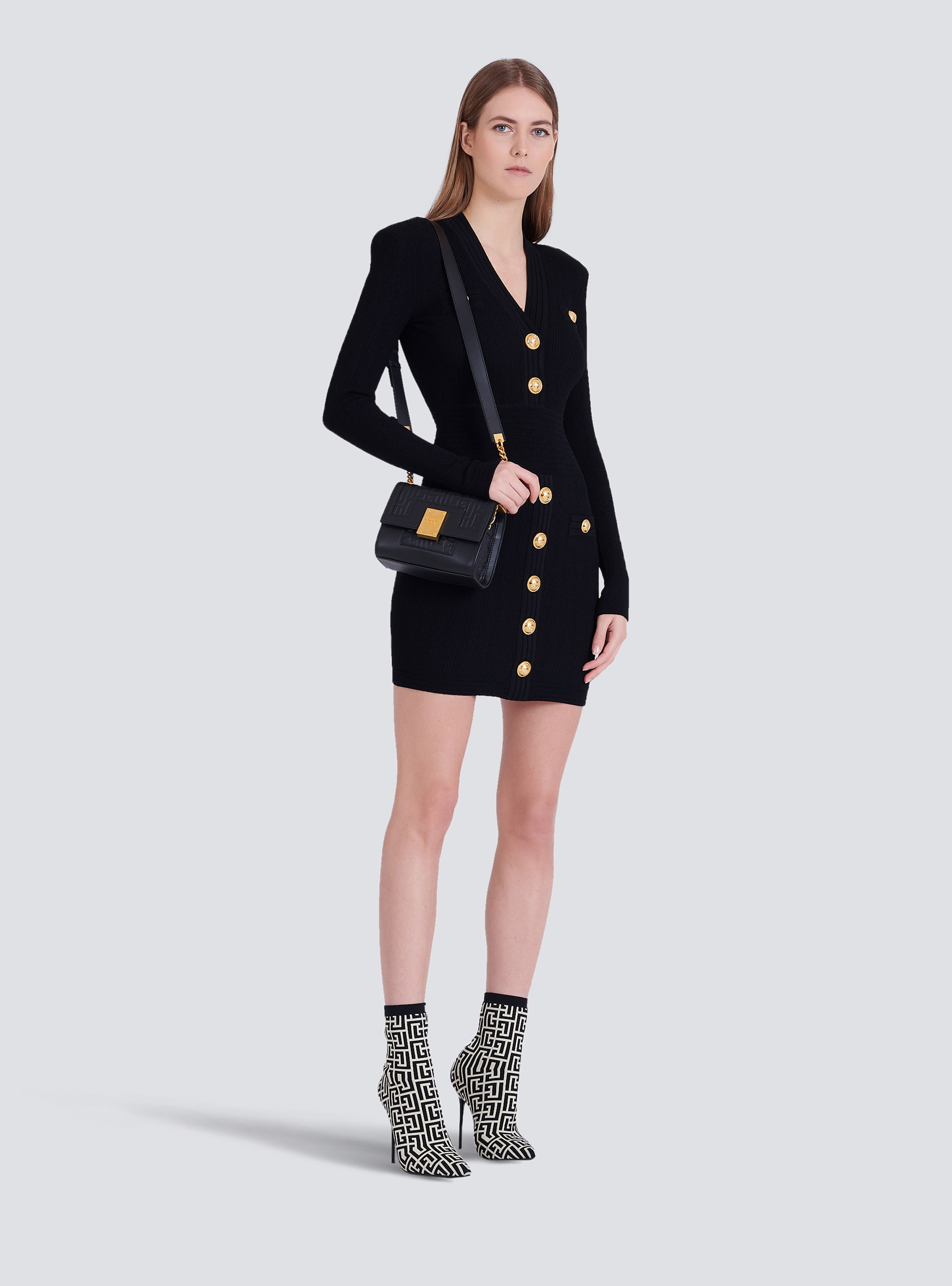 Short eco-designed knit dress with gold-tone buttons