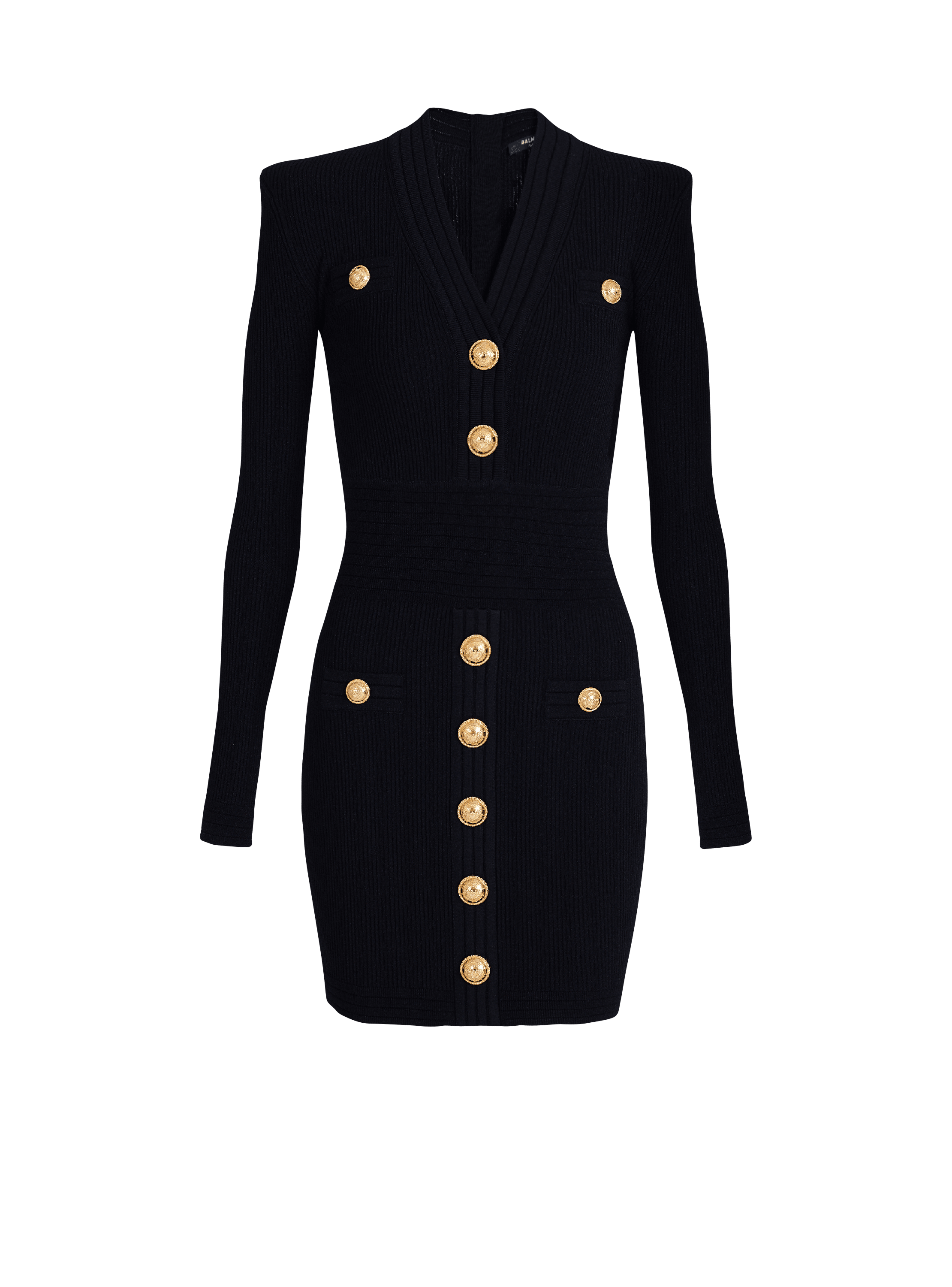 Short eco-designed knit dress with gold-tone buttons