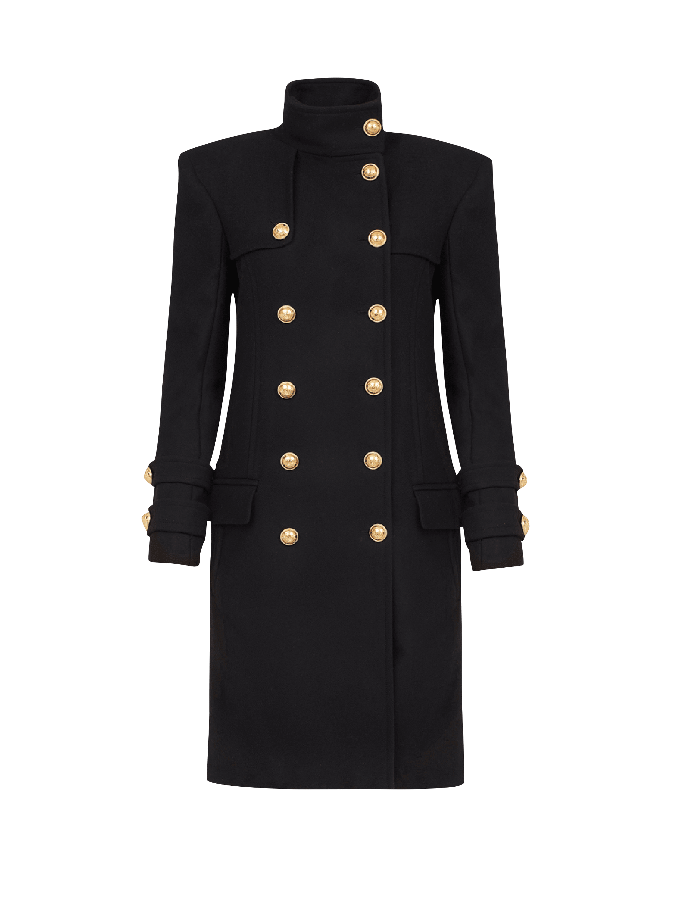 Langer Mantel aus Wolle und Kaschmir mit goldener Doppelknopfleiste