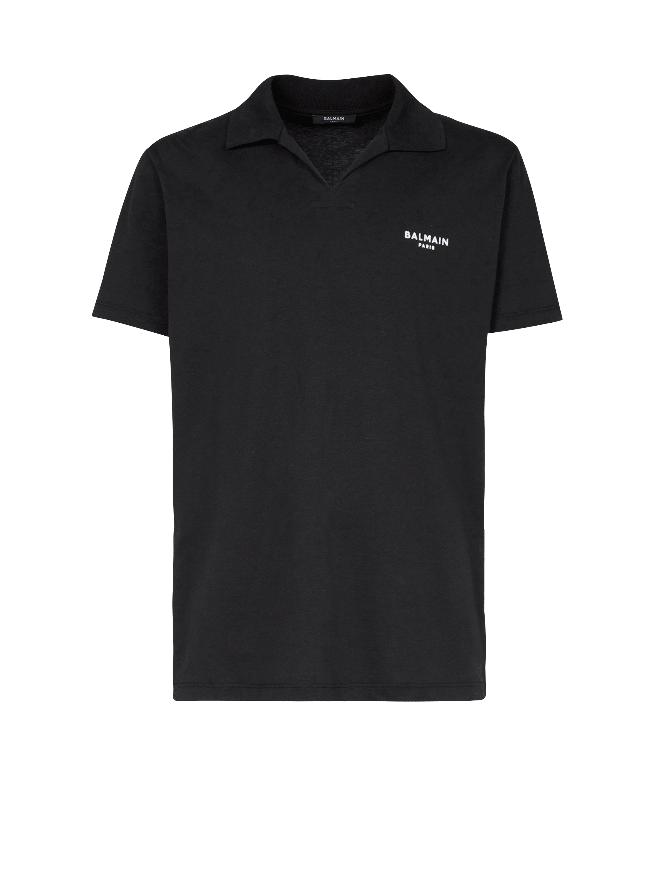 Poloshirt aus Baumwolle mit kleinem schwarzem „Balmain Paris“-Logo, schwarz, hi-res