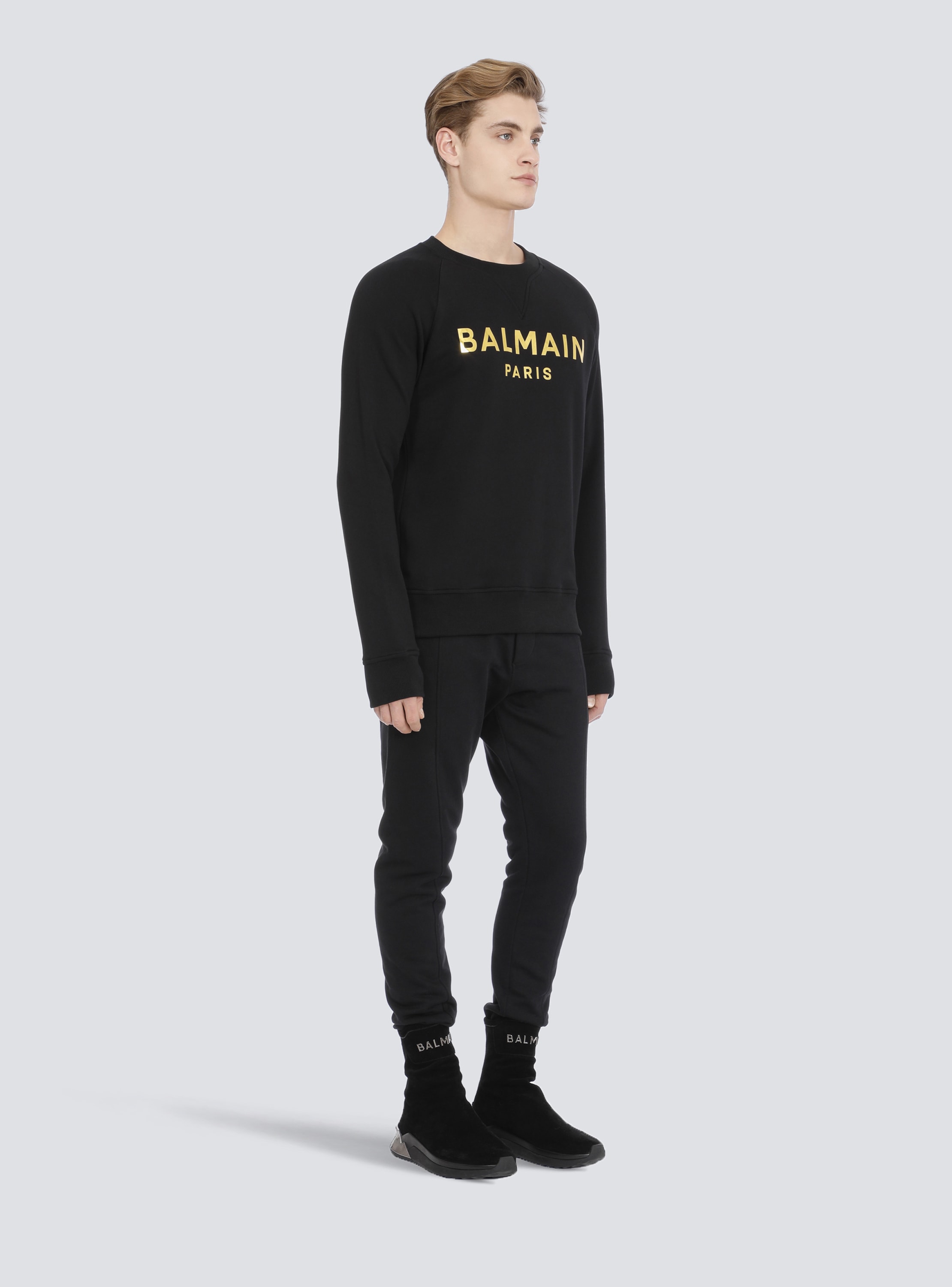Eco-designed cotton sweatshirt with Balmain Paris print gold - Men | BALMAIN