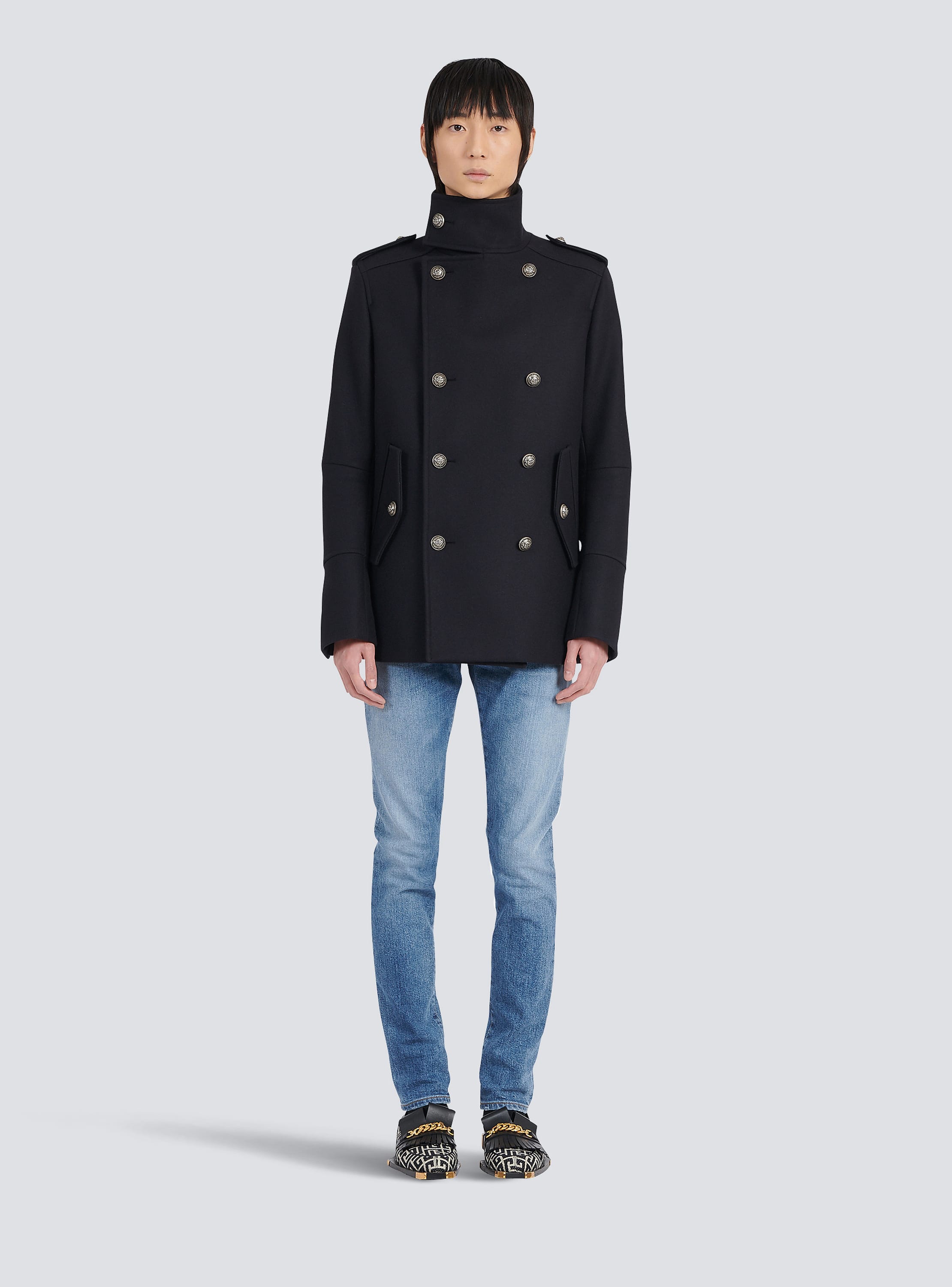 retort Samler blade zone Wool military pea coat with double-breasted silver-tone buttoned fastening  black - Men | BALMAIN
