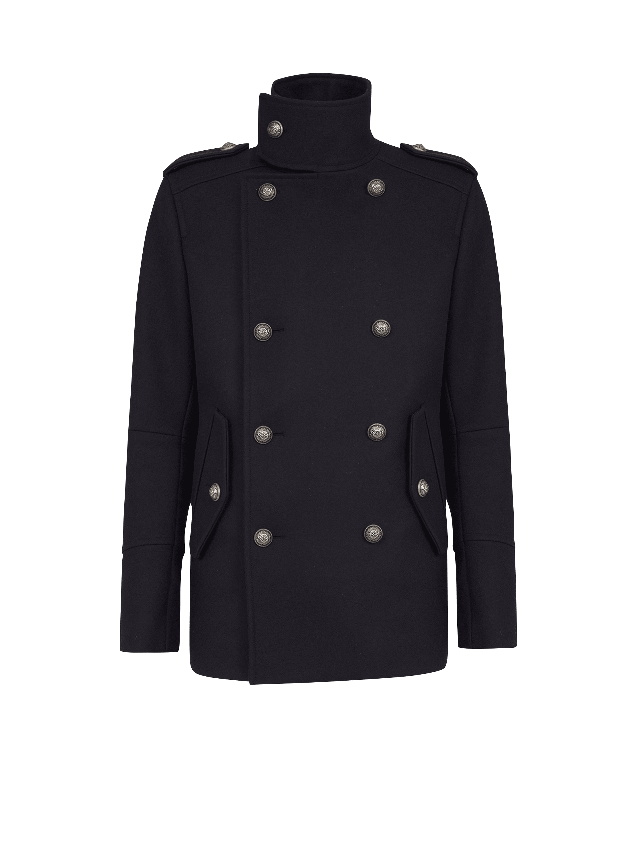 Wool military pea coat with double-breasted silver-tone | BALMAIN