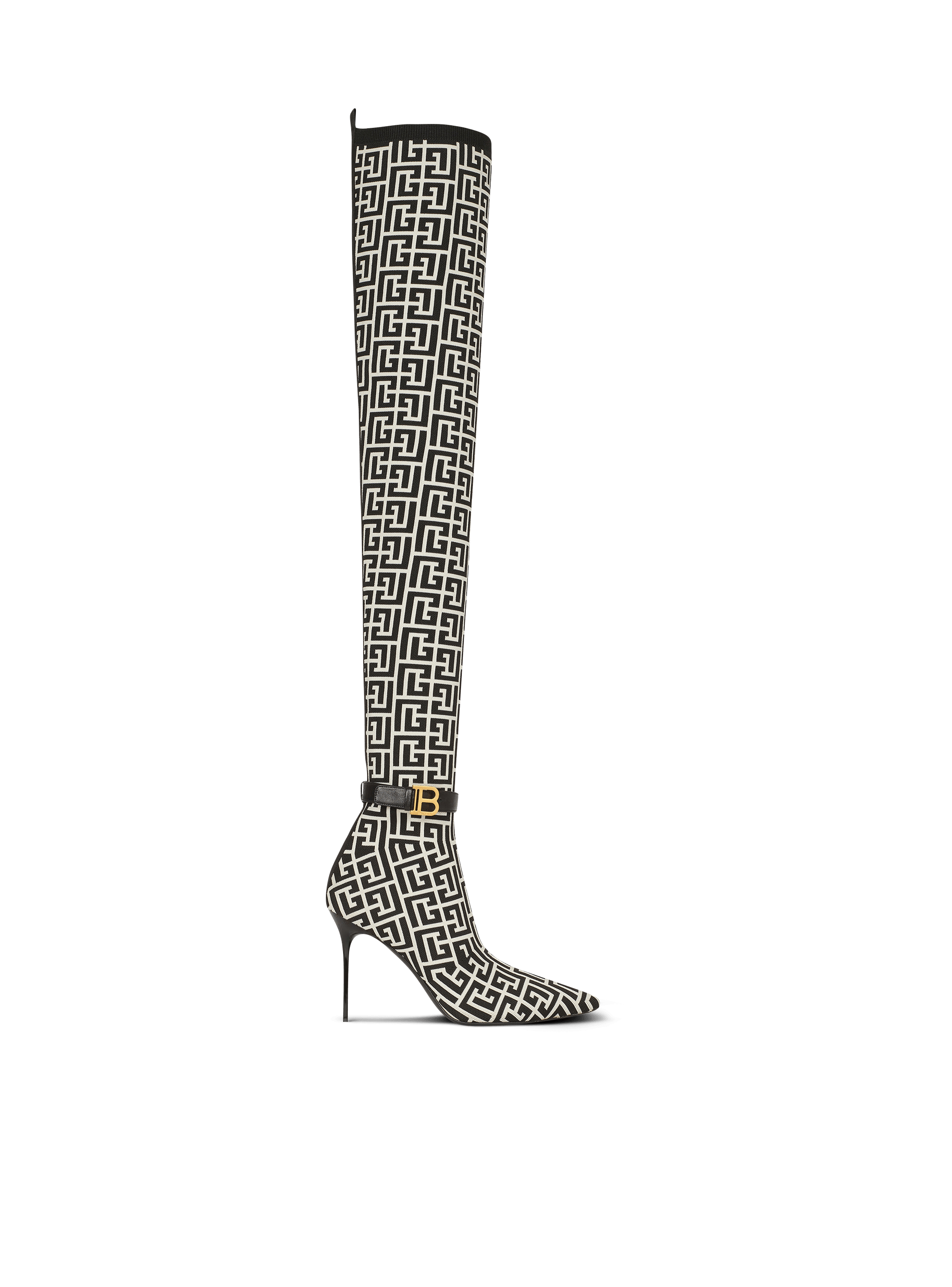 Bicolor knit Raven thigh-high boots with monogram strap