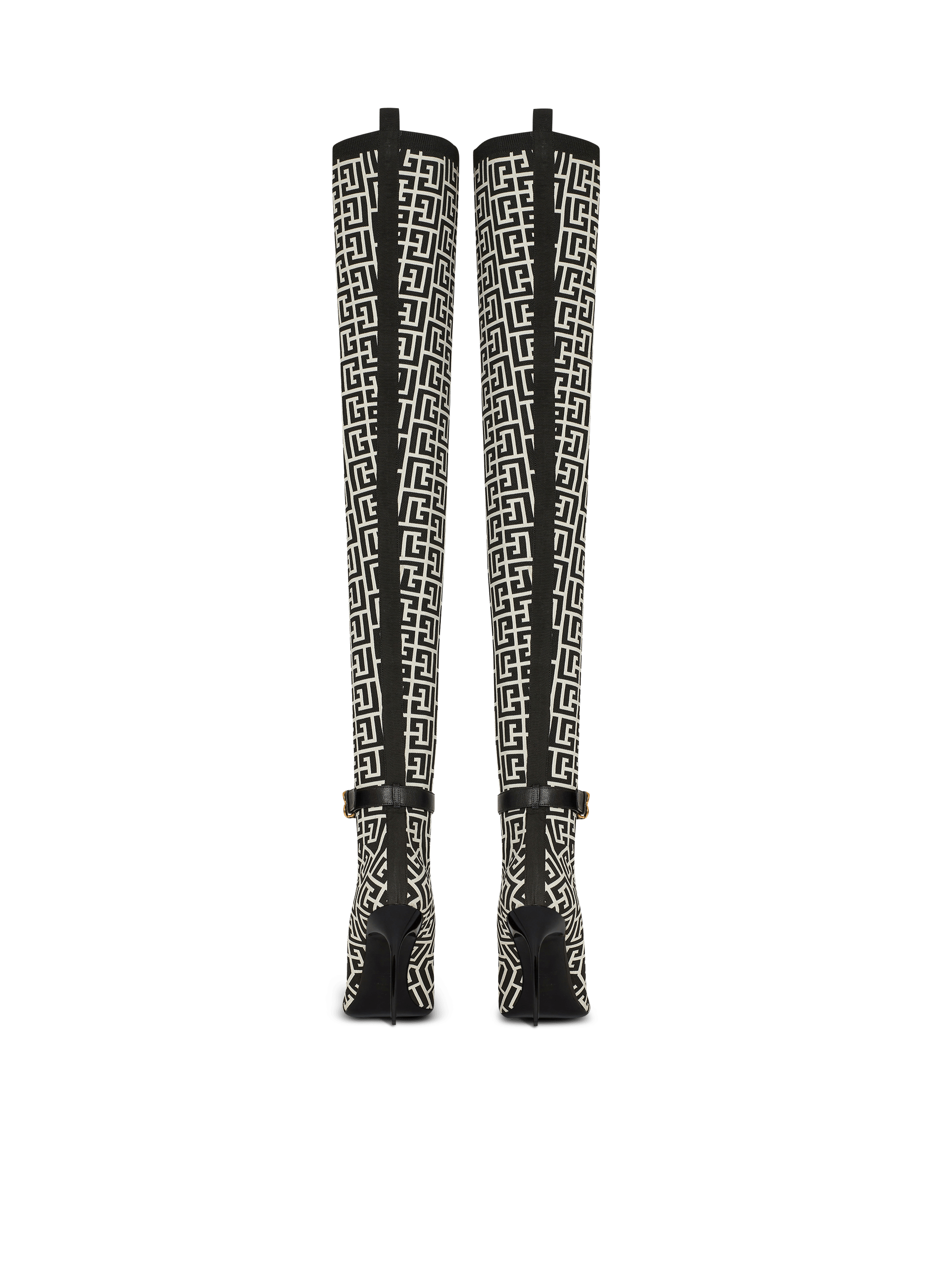 Bicolor knit thigh-high boots monogram strap - Women | BALMAIN