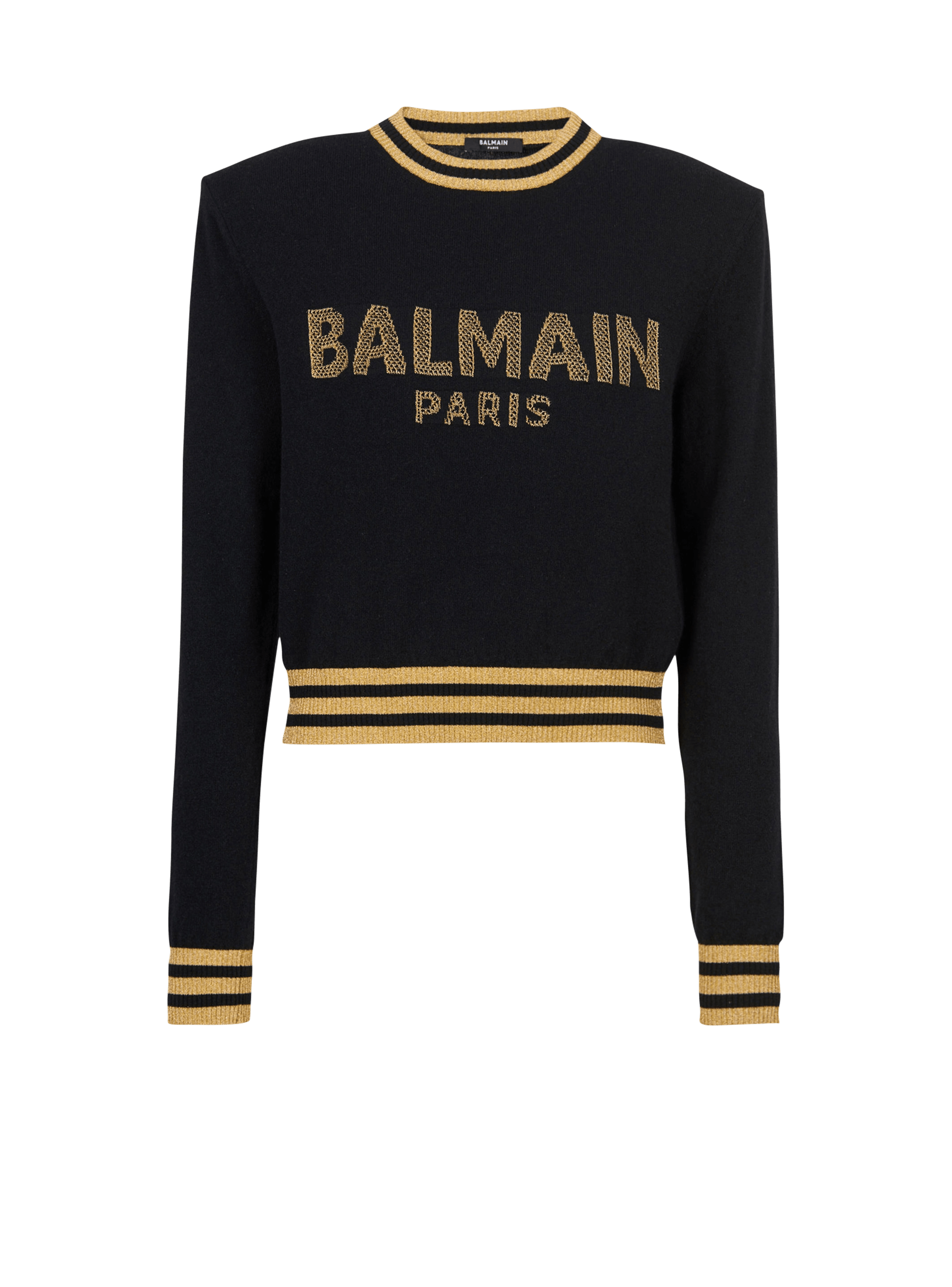 Cropped wool sweatshirt with gold Balmain logo, black, hi-res