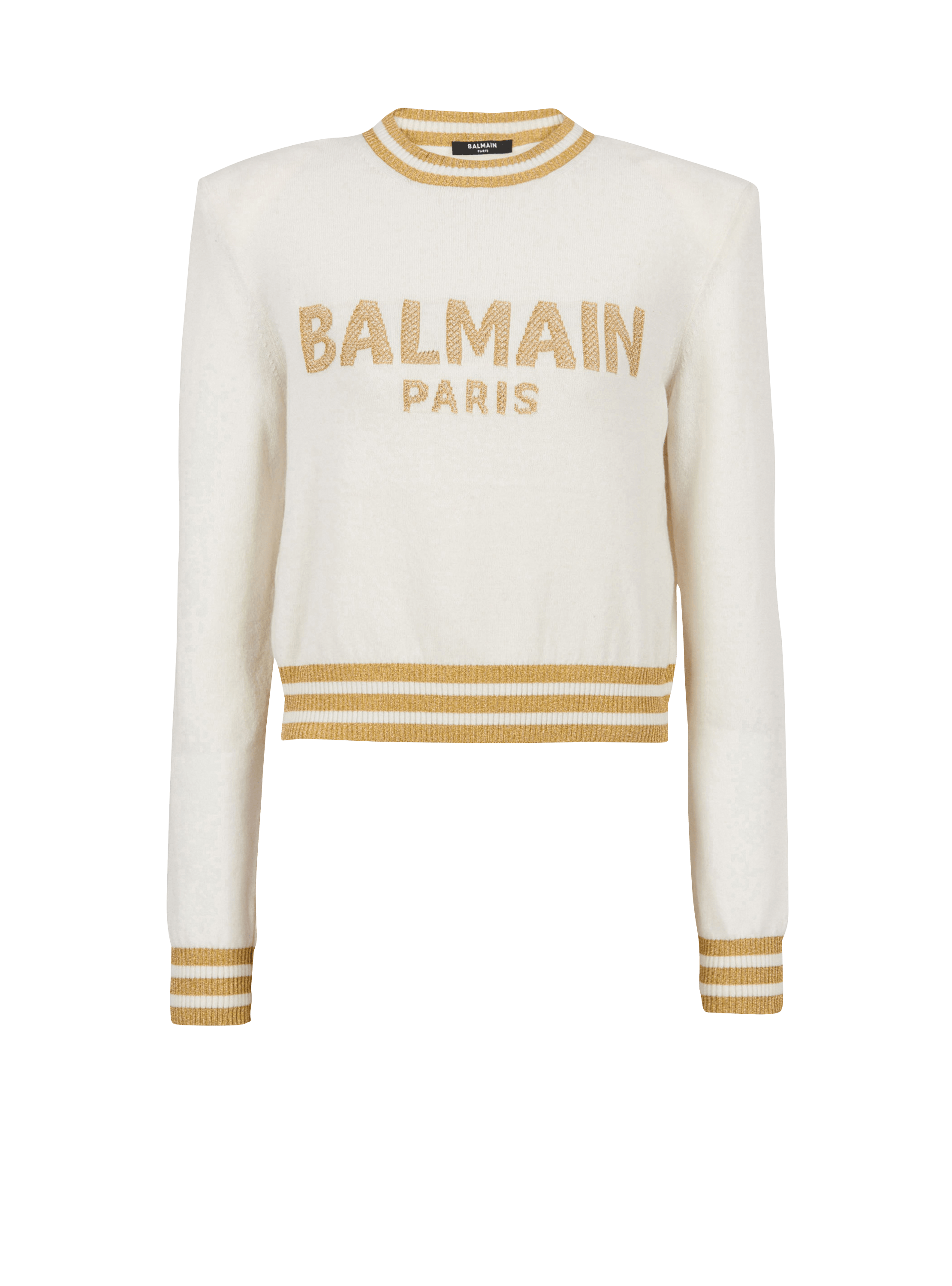 Cropped wool sweatshirt with gold Balmain logo, beige, hi-res