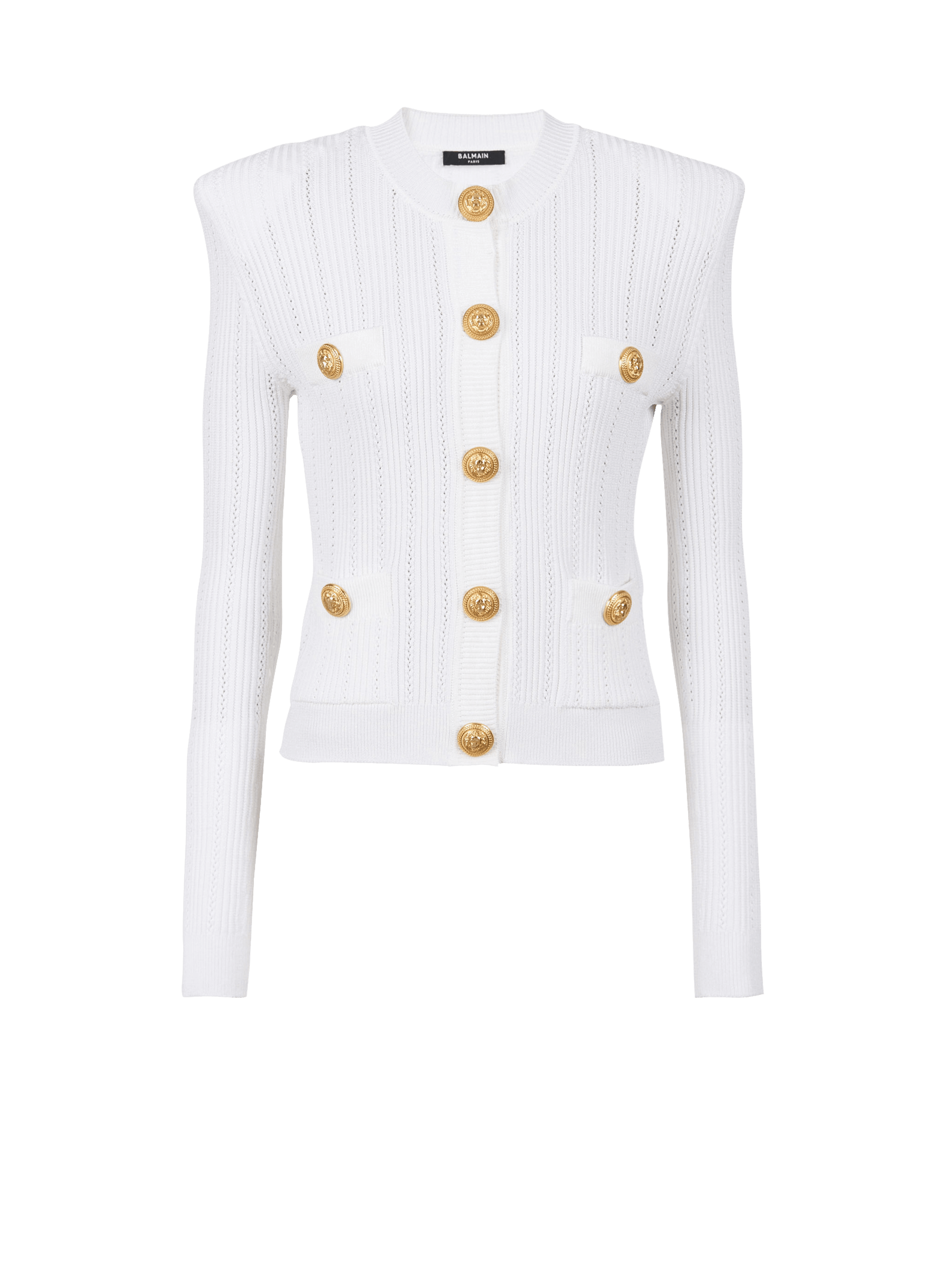 Knit cardigan with gold buttons, white, hi-res