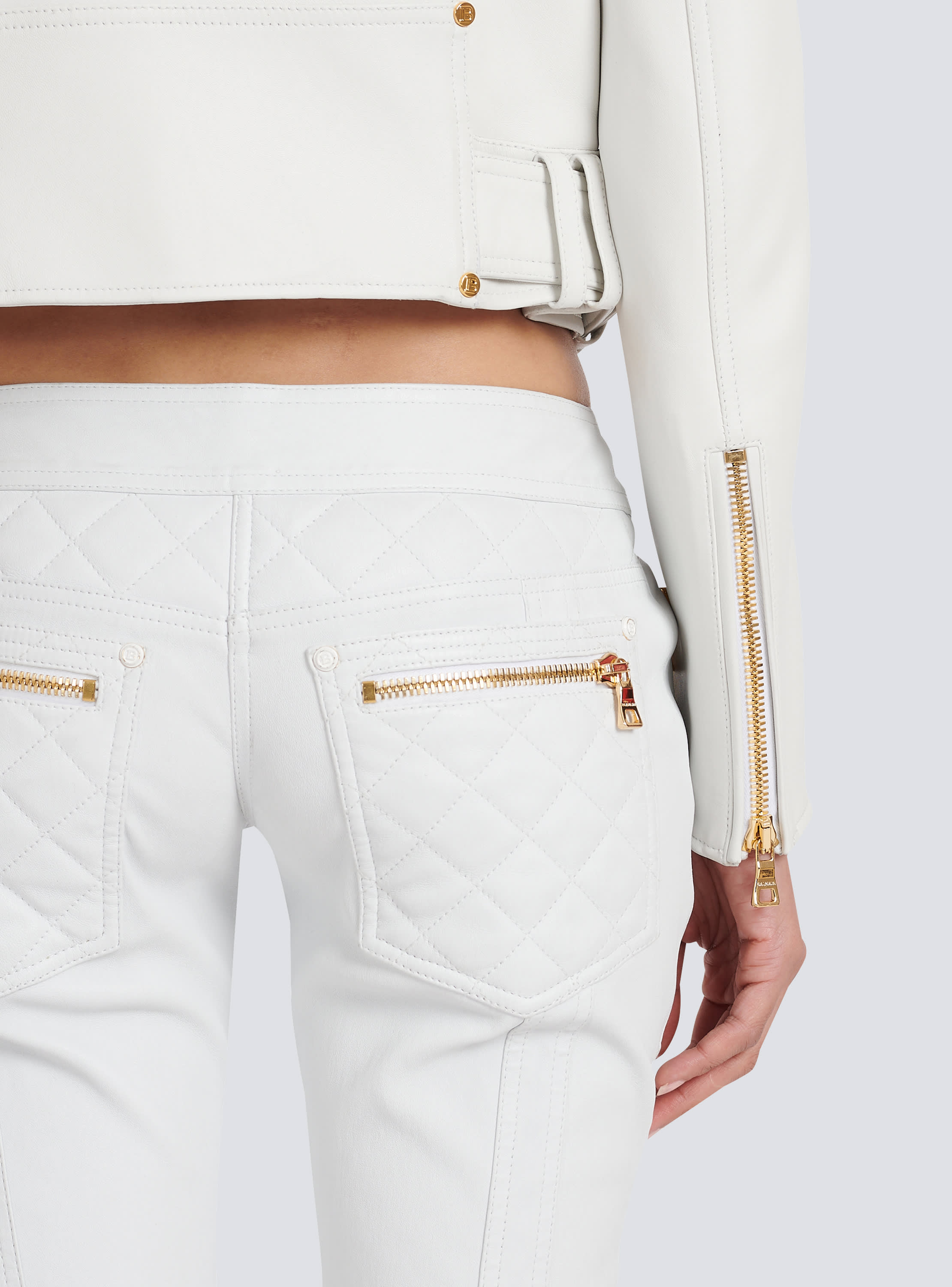 Balmain White Belted Leather Cropped Biker Jacket